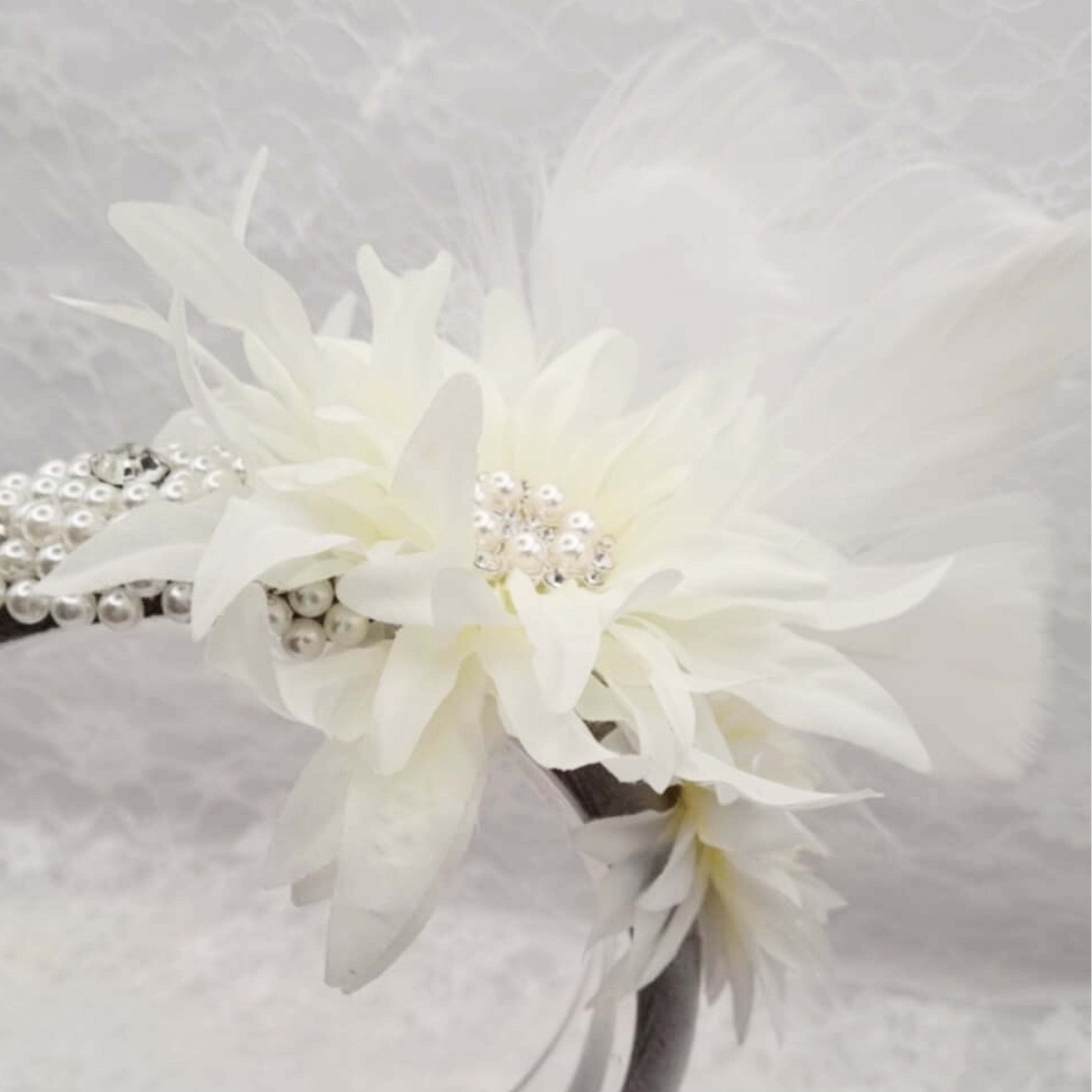 White/Grey Pearl Feather Headband | Handmade Pearl & Crystal Hairpiece | Bridal | Race Day Headband | Classic Vintage Style