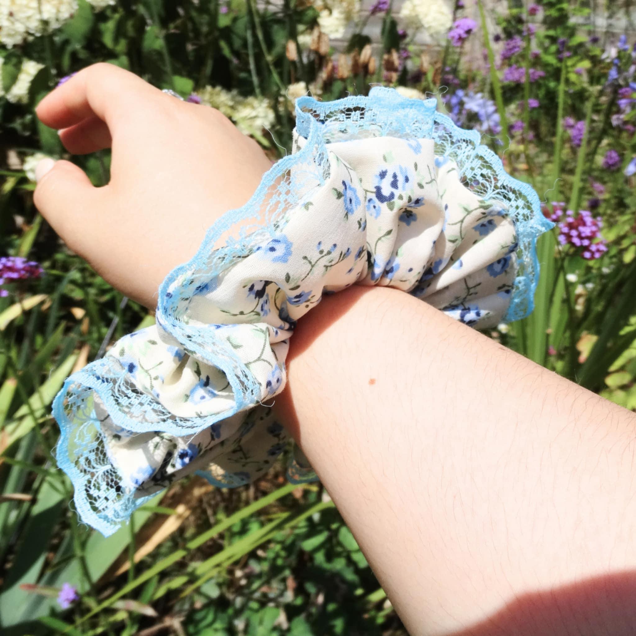 Annie Cotton Scrunchie | Cream with Blue Floral Print and Lace Trim