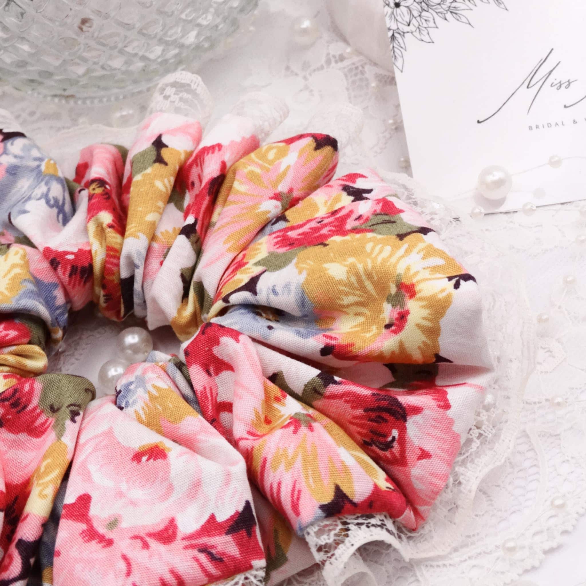 Mae Cotton Floral Scrunchie | Soft Pink & Pastel Mix with Lace Trim
