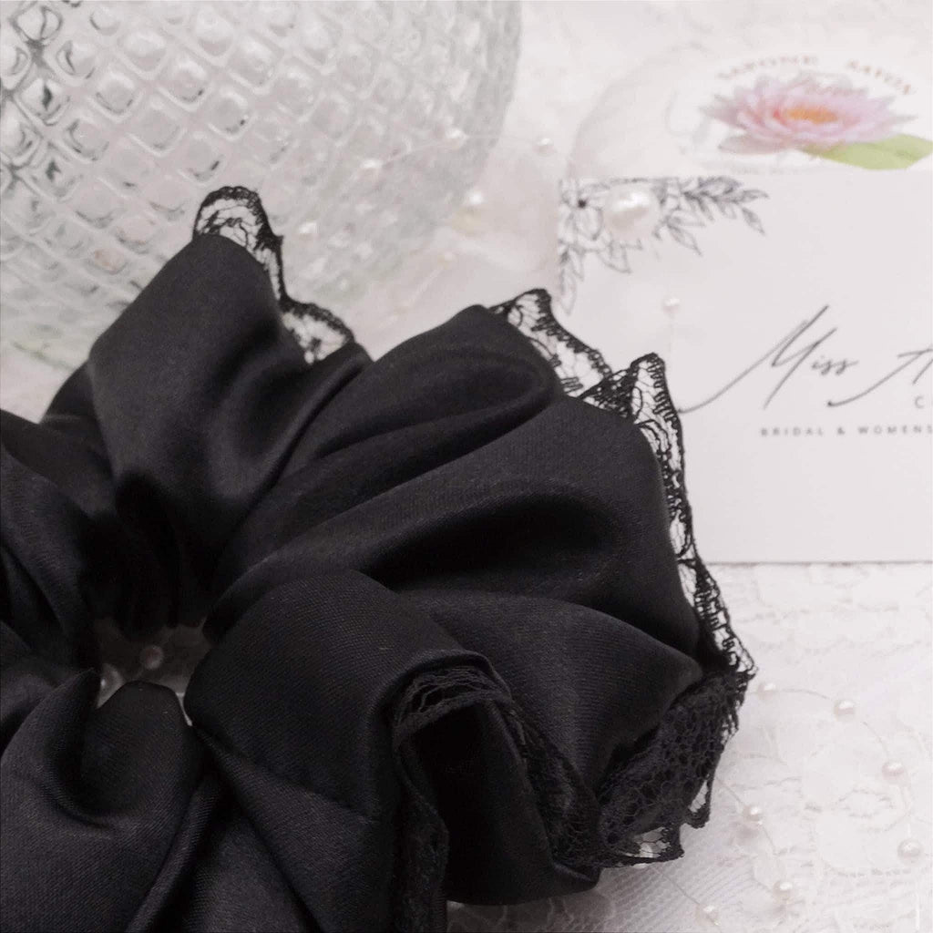Zadie Satin Scrunchie | Delicate Black with Lace Trim