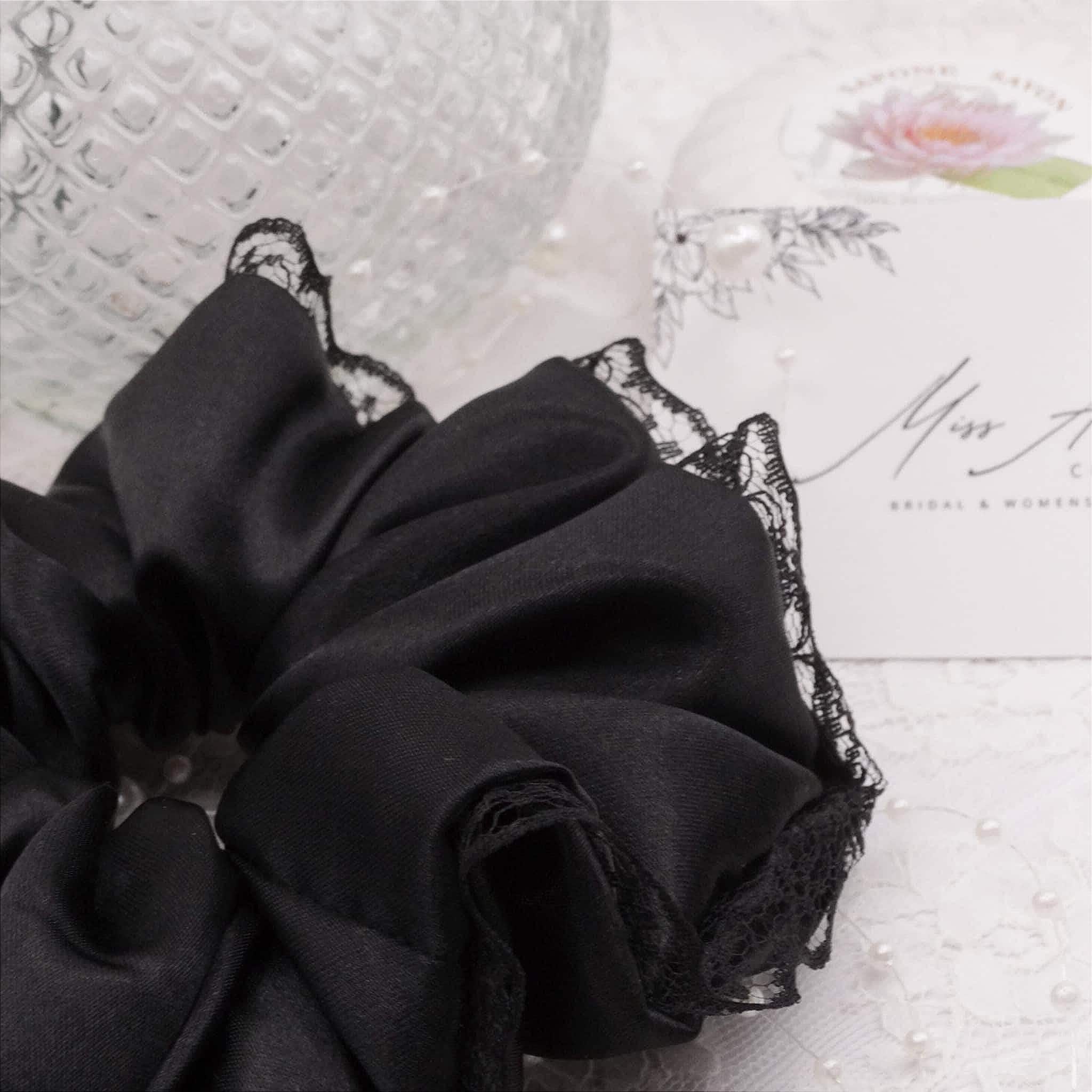 Zadie Satin Scrunchie | Delicate Black with Lace Trim