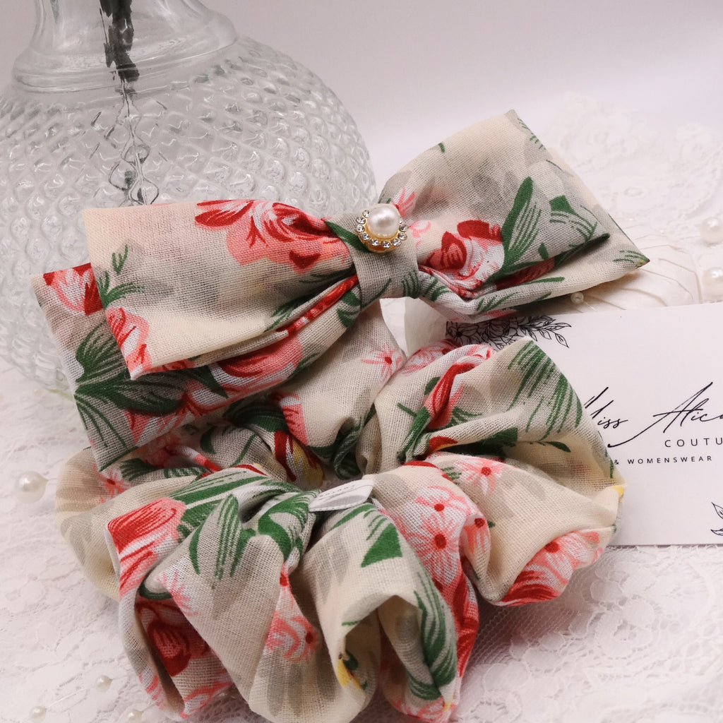 Flora Mini Bow | Soft Cotton, Pinks and Sage | Hair Clip Accessory