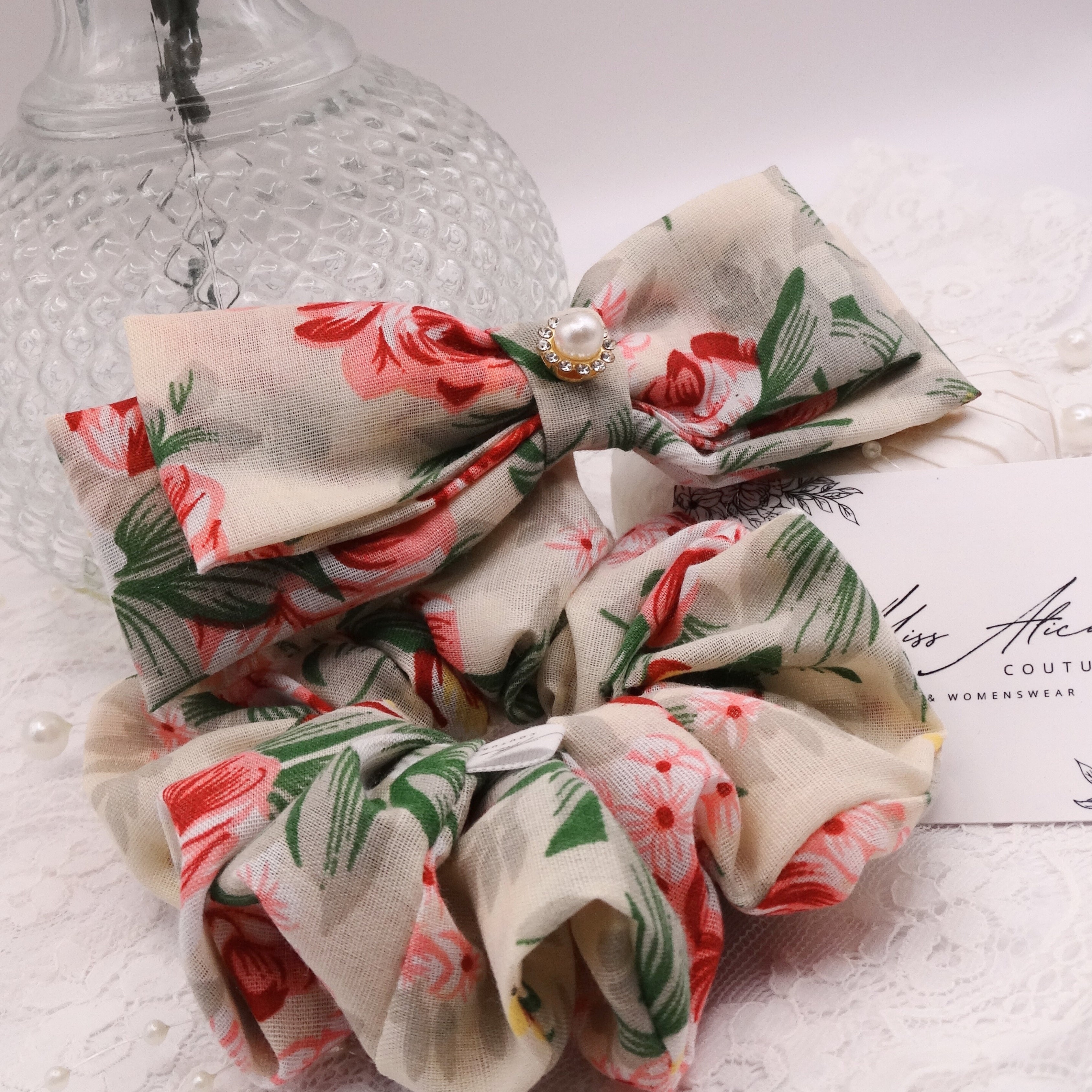 Flora Mini Bow | Soft Cotton, Pinks and Sage | Hair Clip Accessory