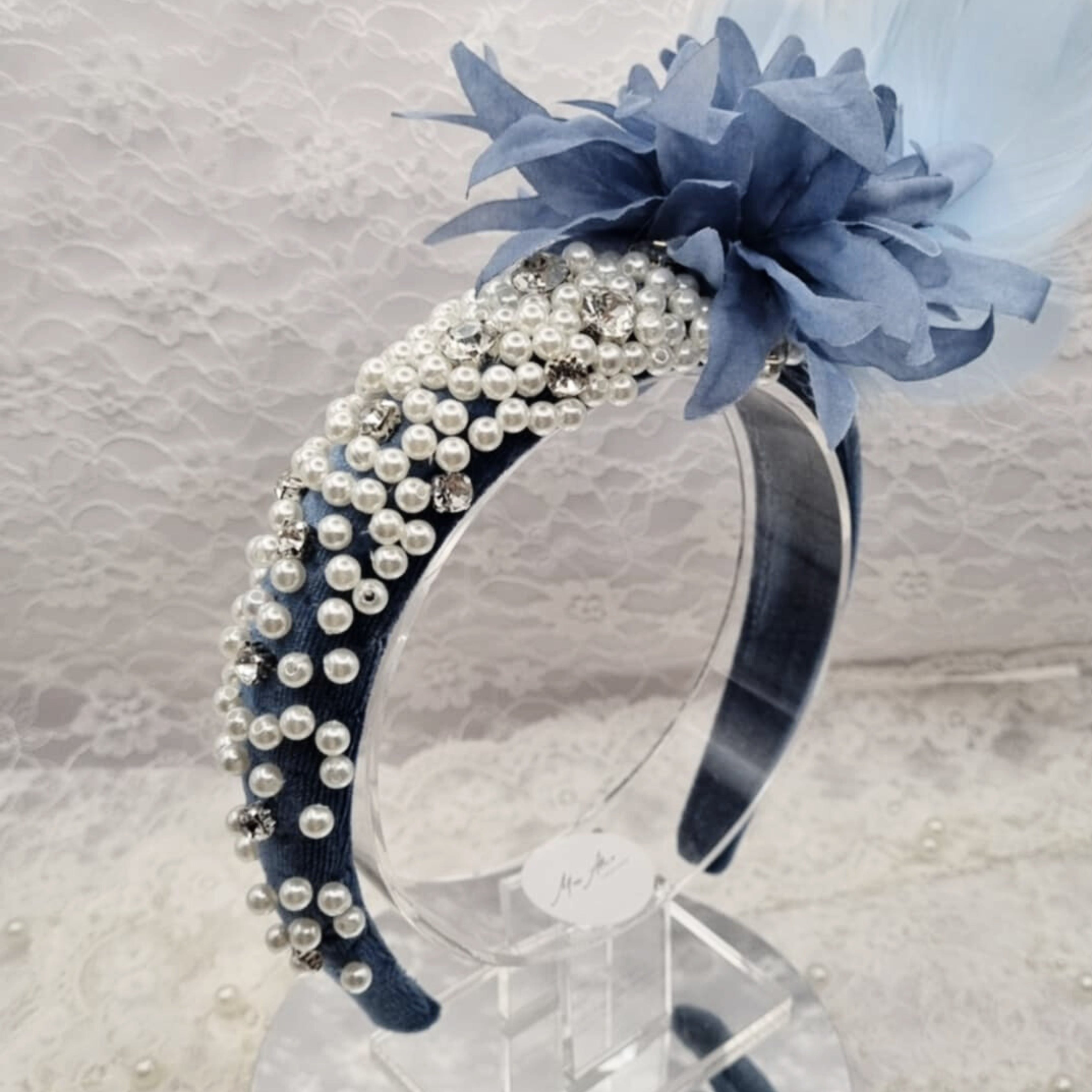Blue Pearl Feather Headband | Handmade Pearl & Crystal Hairpiece | Elegant Occasion Headband | Vintage Inspired Style | Ladies Day