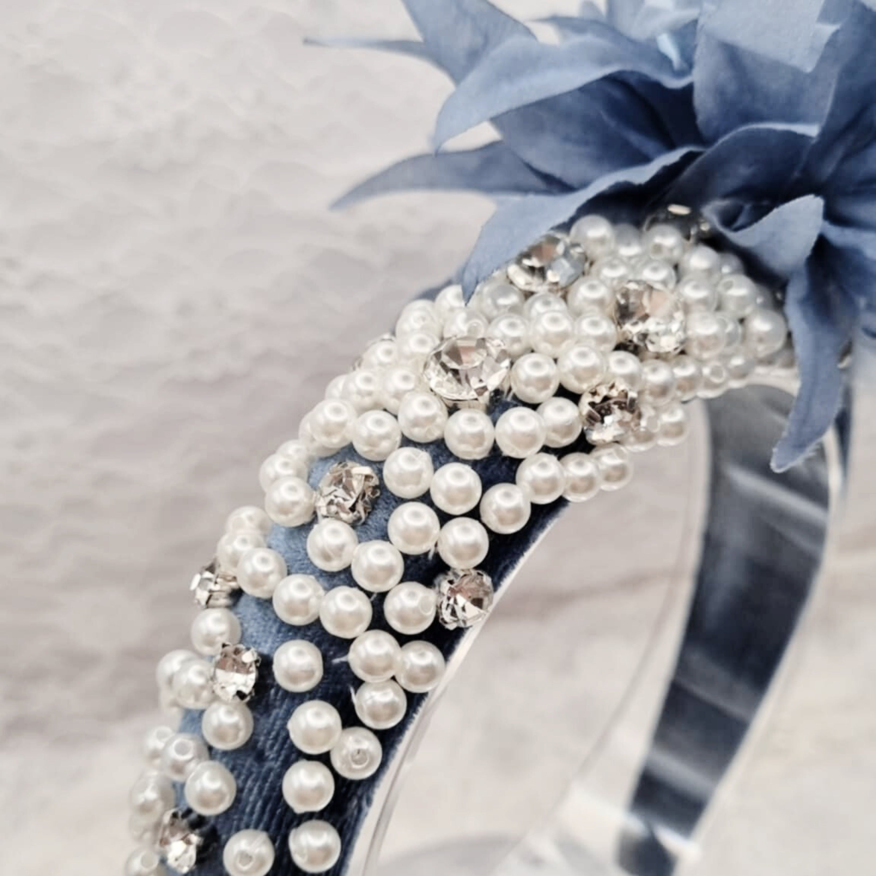 Blue Pearl Feather Headband | Handmade Pearl & Crystal Hairpiece | Elegant Occasion Headband | Vintage Inspired Style | Ladies Day