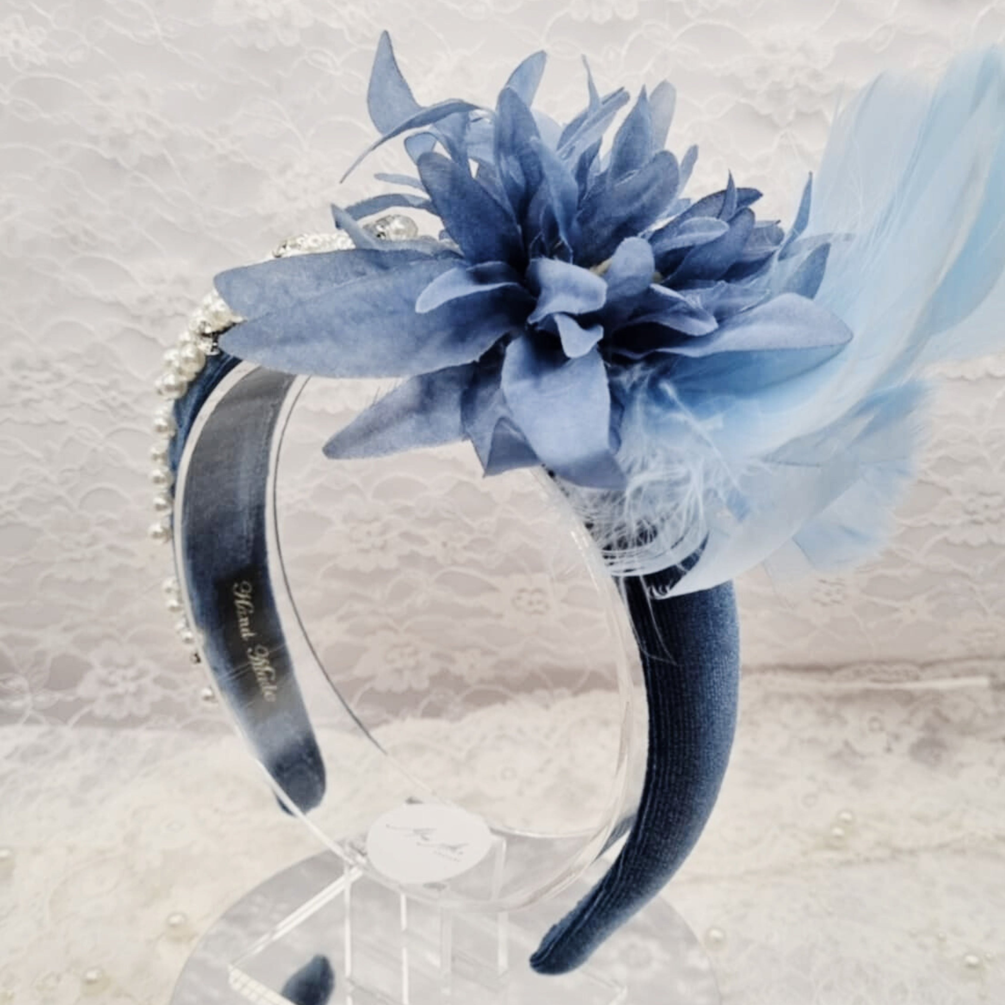 Blue Pearl Feather Headband | Handmade Pearl & Crystal Hairpiece | Elegant Occasion Headband | Vintage Inspired Style | Ladies Day