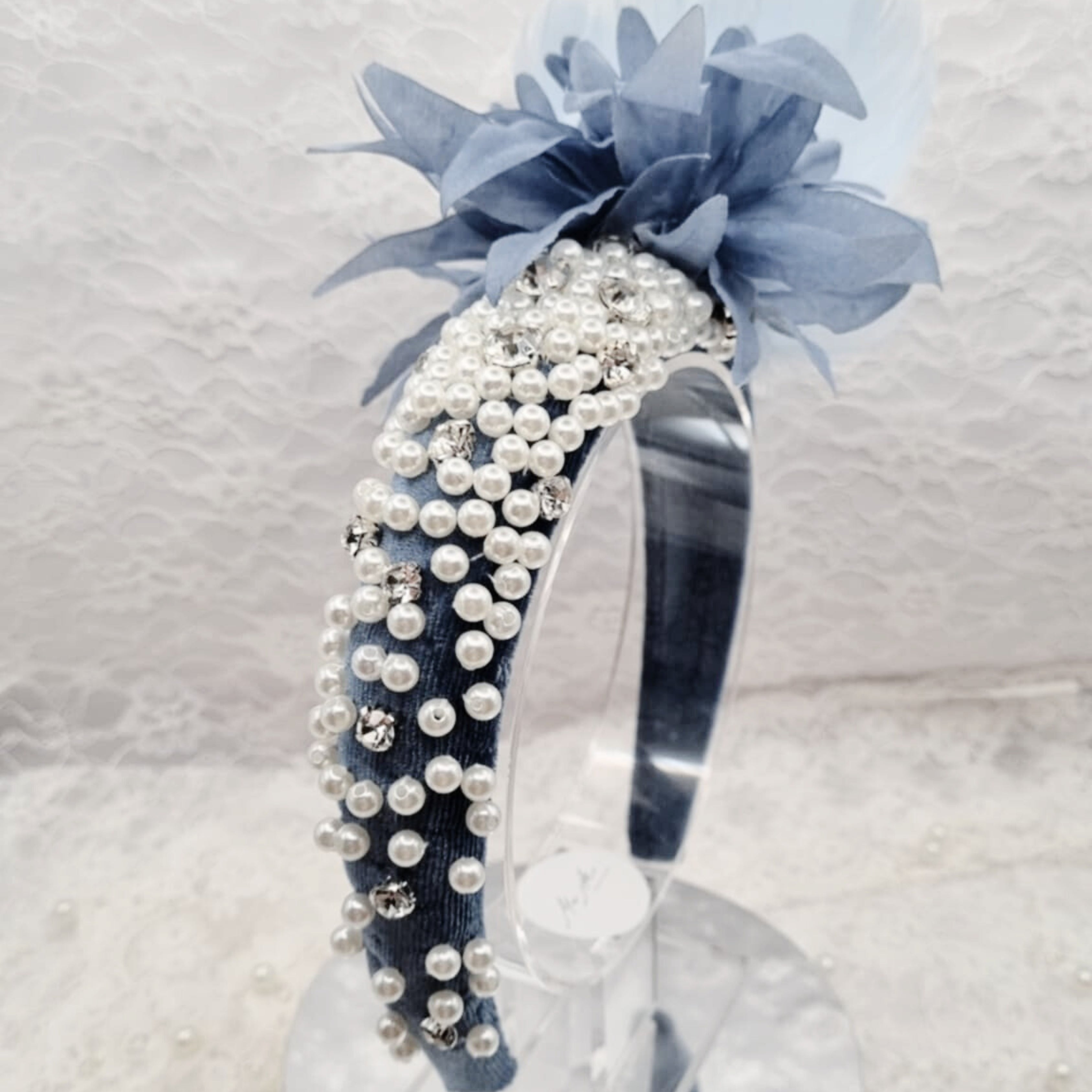 Blue Pearl Feather Headband | Handmade Pearl & Crystal Hairpiece | Elegant Occasion Headband | Vintage Inspired Style | Ladies Day