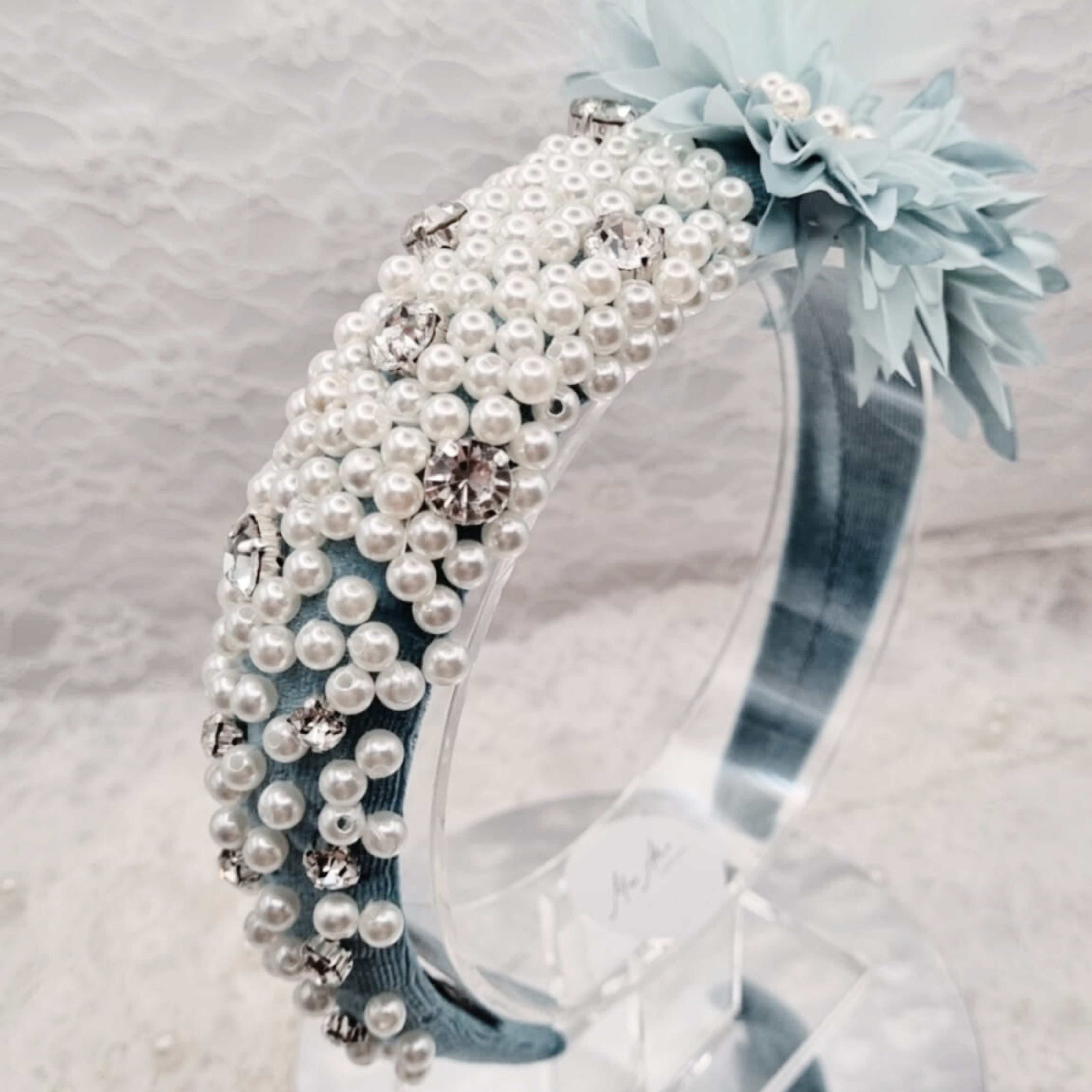 Teal Blue Pearl Feather Headband | Handmade Crystal Floral Hairpiece | Statement Occasion Headband | Timeless Elegance | Ladies Day