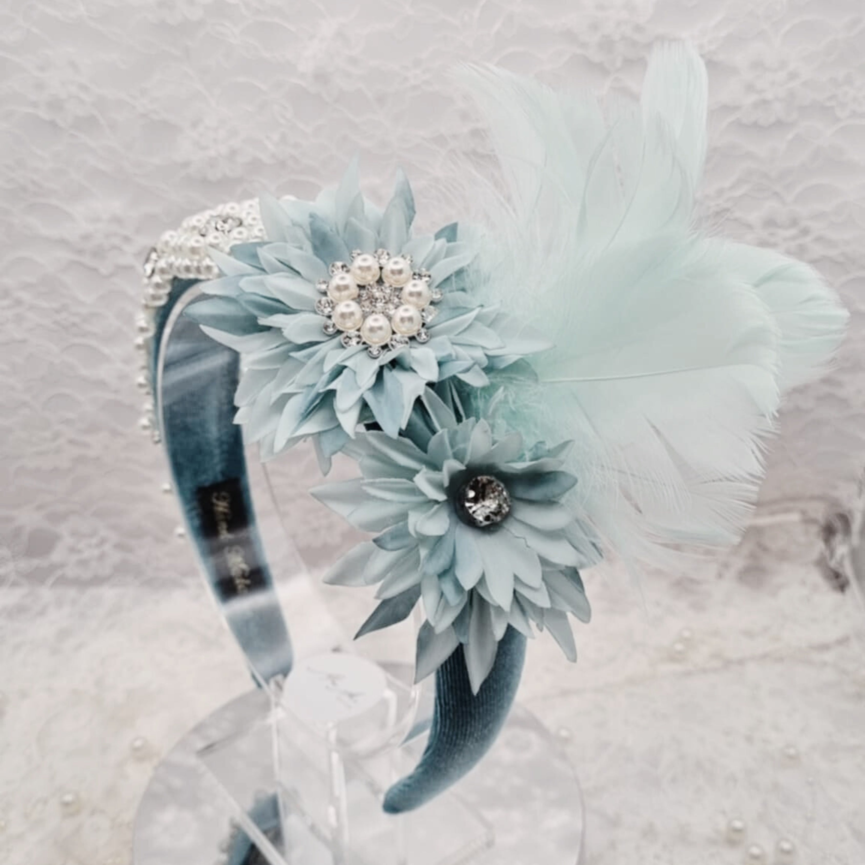 Teal Blue Pearl Feather Headband | Handmade Crystal Floral Hairpiece | Statement Occasion Headband | Timeless Elegance | Ladies Day