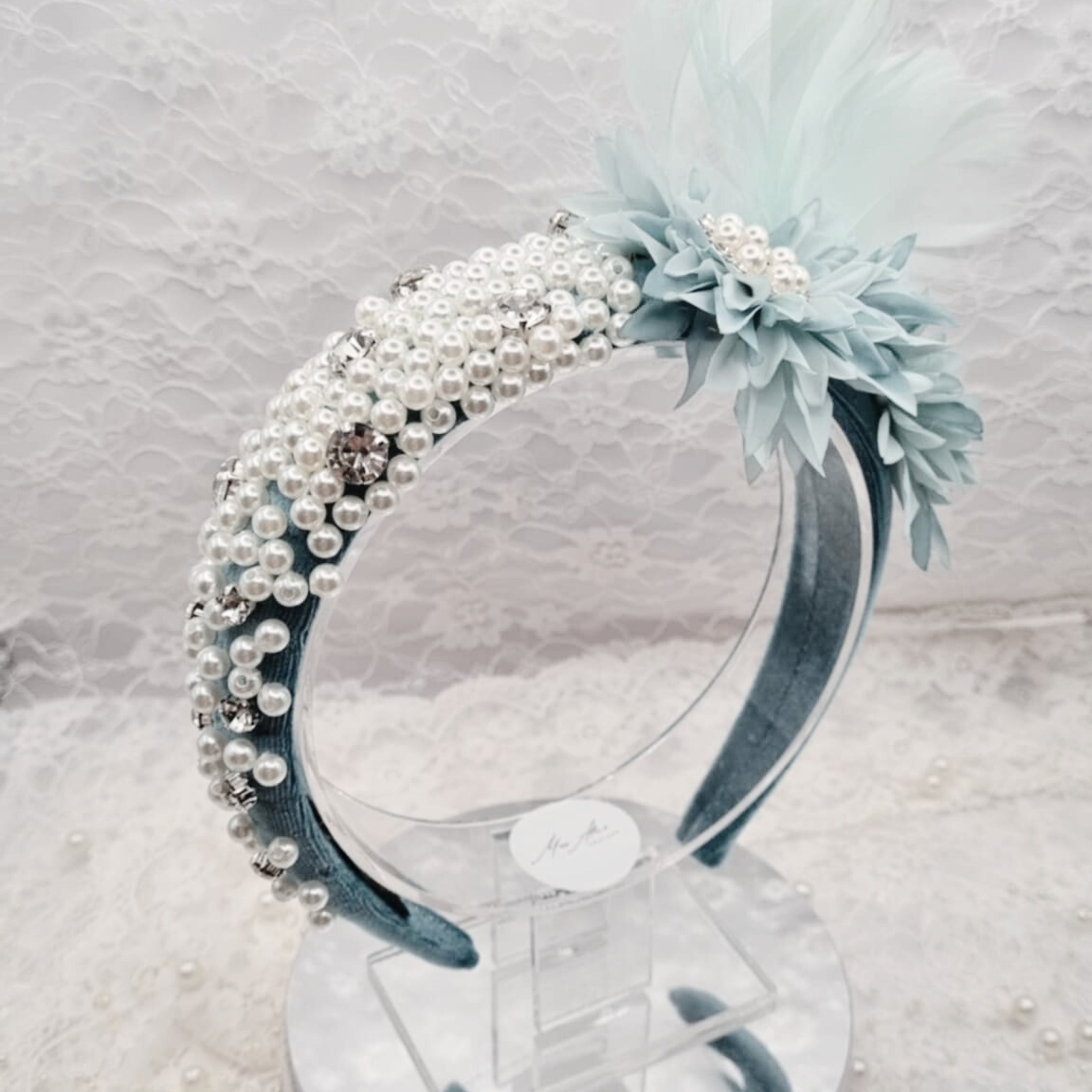 Teal Blue Pearl Feather Headband | Handmade Crystal Floral Hairpiece | Statement Occasion Headband | Timeless Elegance | Ladies Day