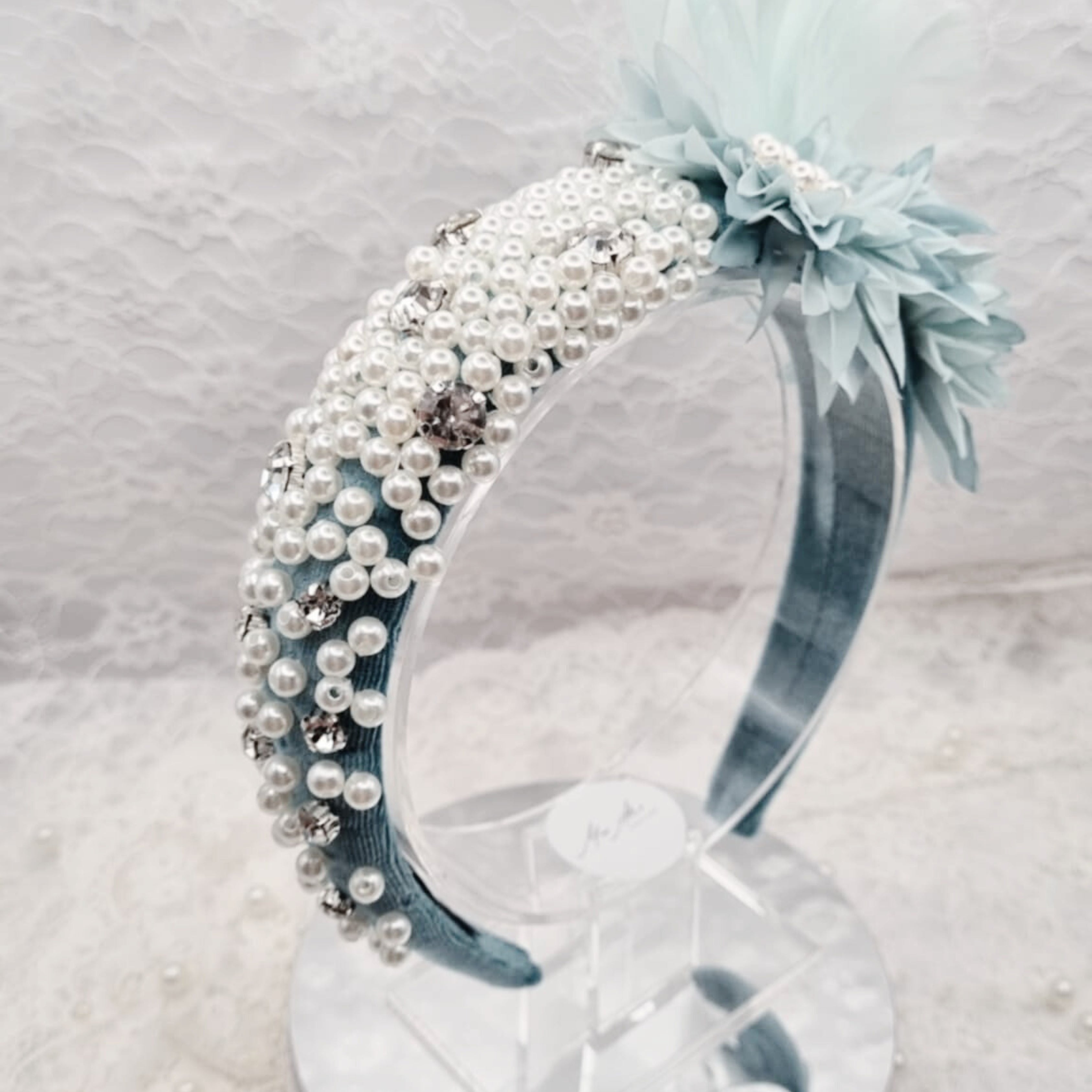 Teal Blue Pearl Feather Headband | Handmade Crystal Floral Hairpiece | Statement Occasion Headband | Timeless Elegance | Ladies Day