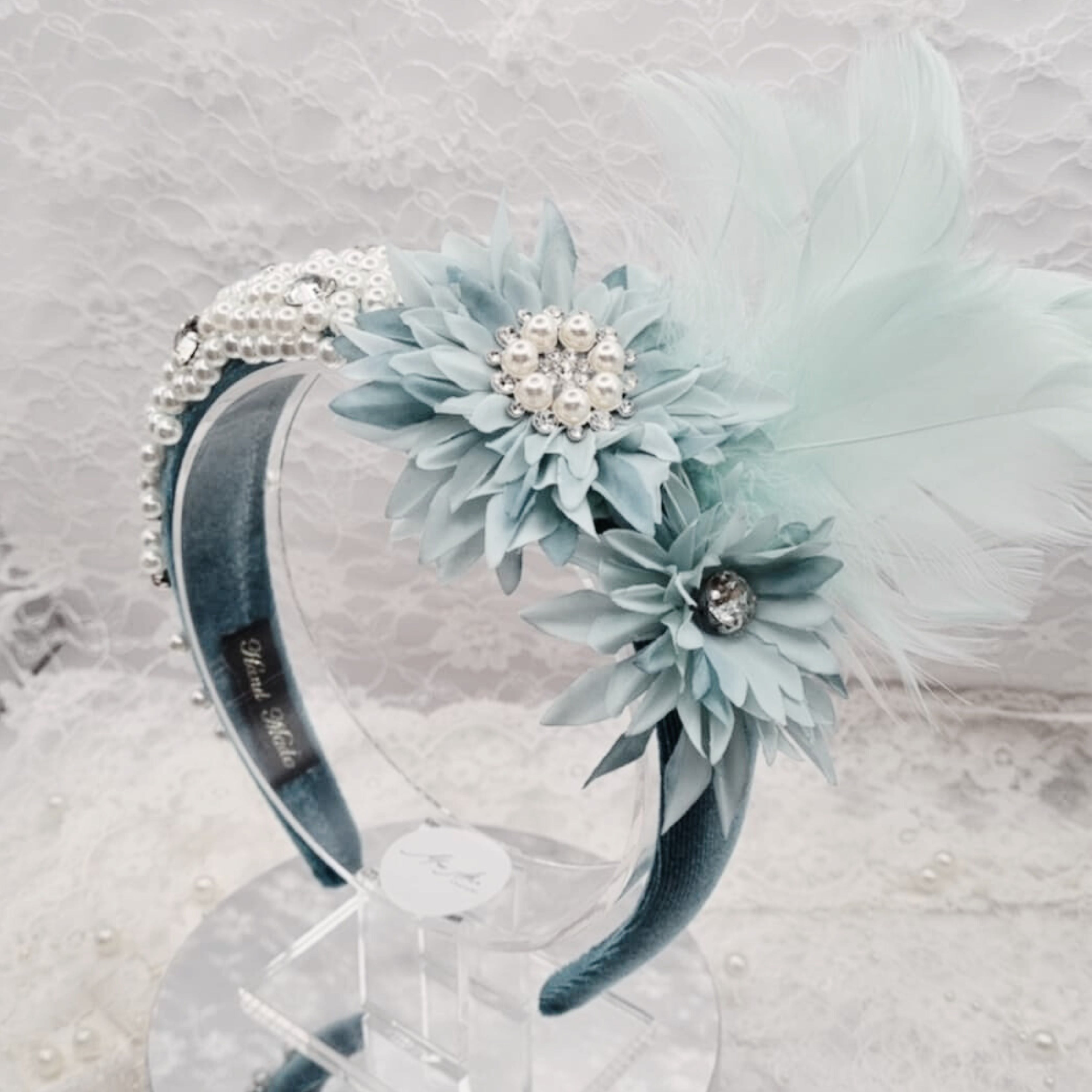 Teal Blue Pearl Feather Headband | Handmade Crystal Floral Hairpiece | Statement Occasion Headband | Timeless Elegance | Ladies Day