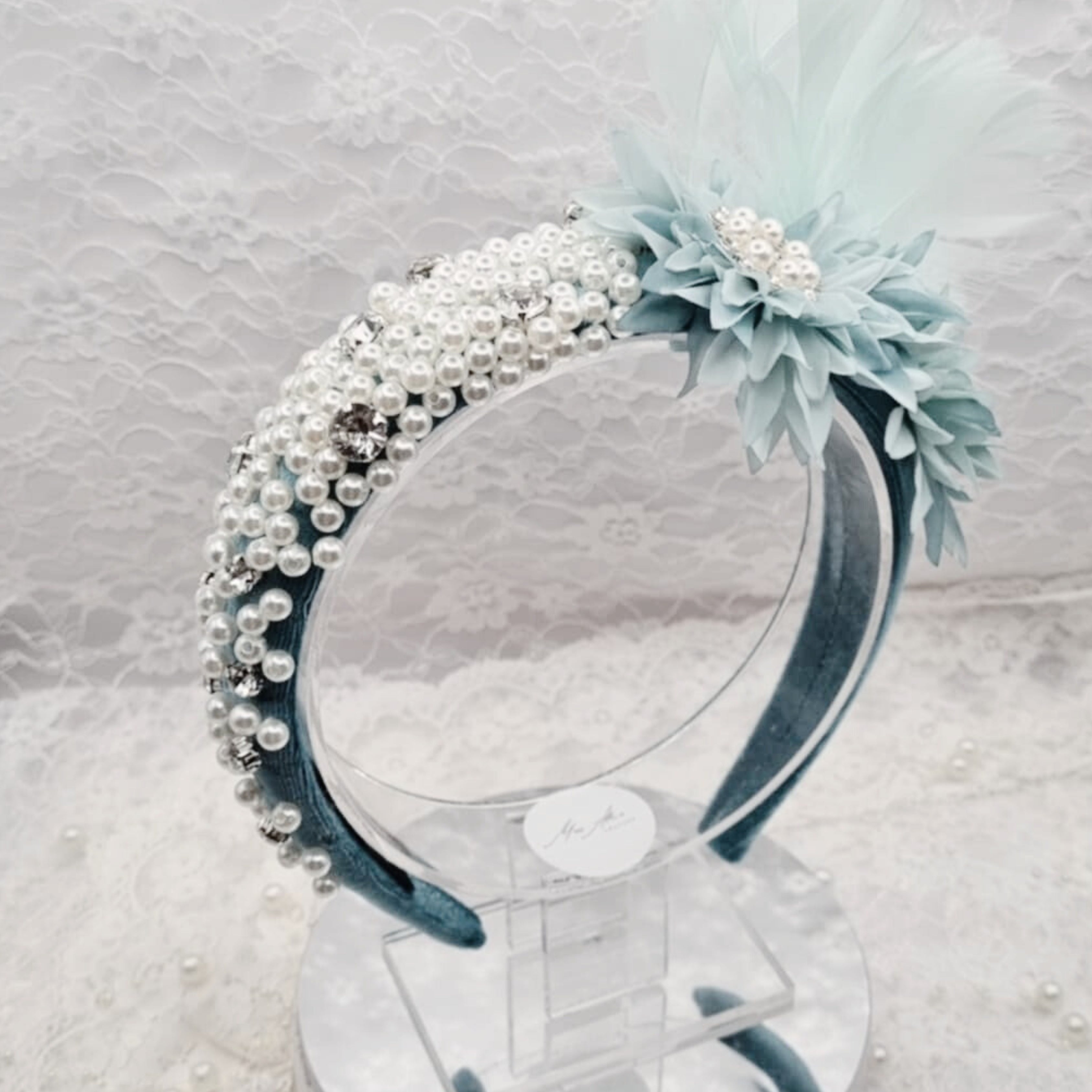 Teal Blue Pearl Feather Headband | Handmade Crystal Floral Hairpiece | Statement Occasion Headband | Timeless Elegance | Ladies Day
