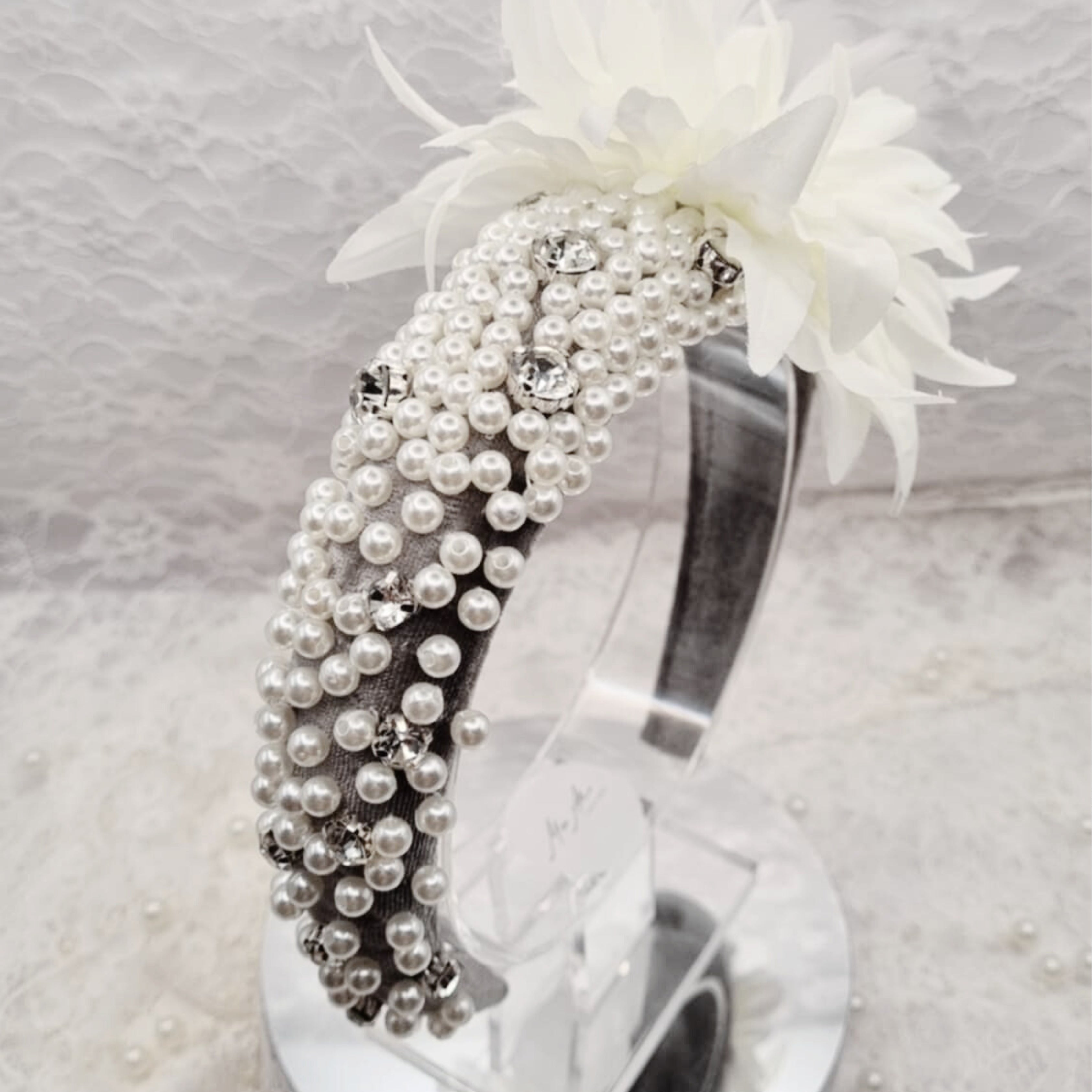 White/Grey Pearl Feather Headband | Handmade Pearl & Crystal Hairpiece | Bridal | Race Day Headband | Classic Vintage Style