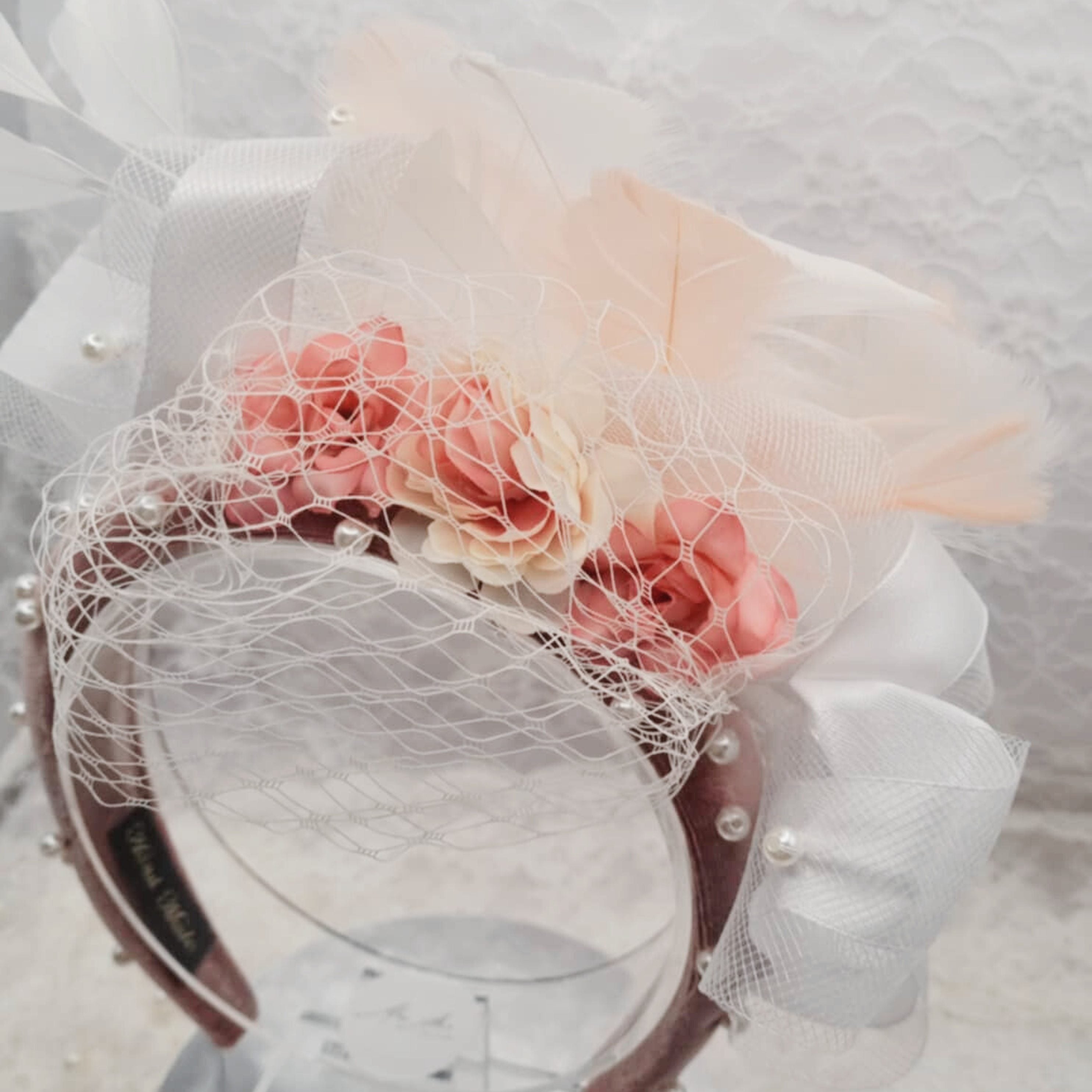 Pink Pearl Feather Headband | Handmade Pearl & Crystal Hairpiece | Romantic Occasion | Soft Feminine Style | Ladies Day | Vintage Style