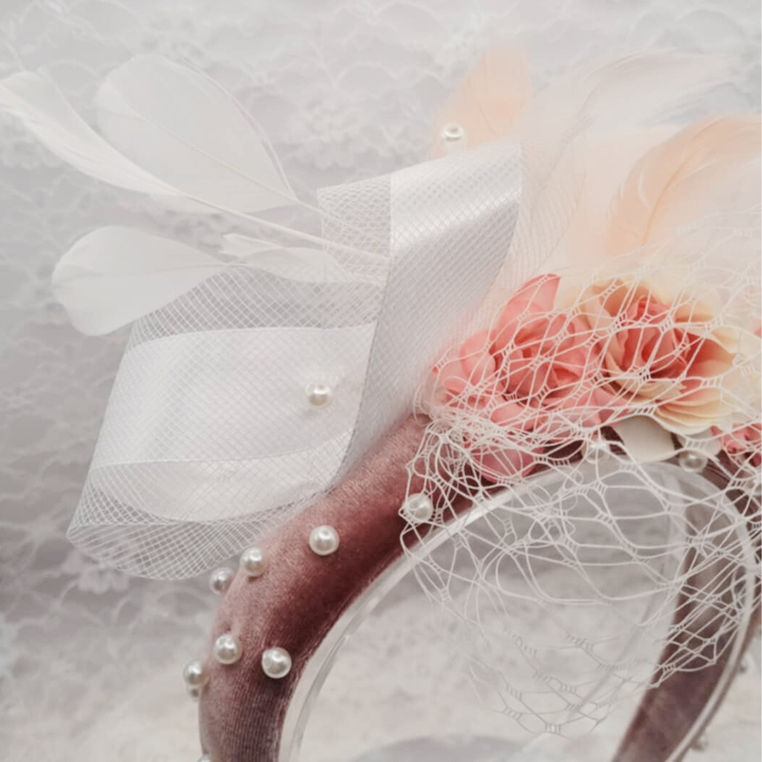 Pink Pearl Feather Headband | Handmade Pearl & Crystal Hairpiece | Romantic Occasion | Soft Feminine Style | Ladies Day | Vintage Style