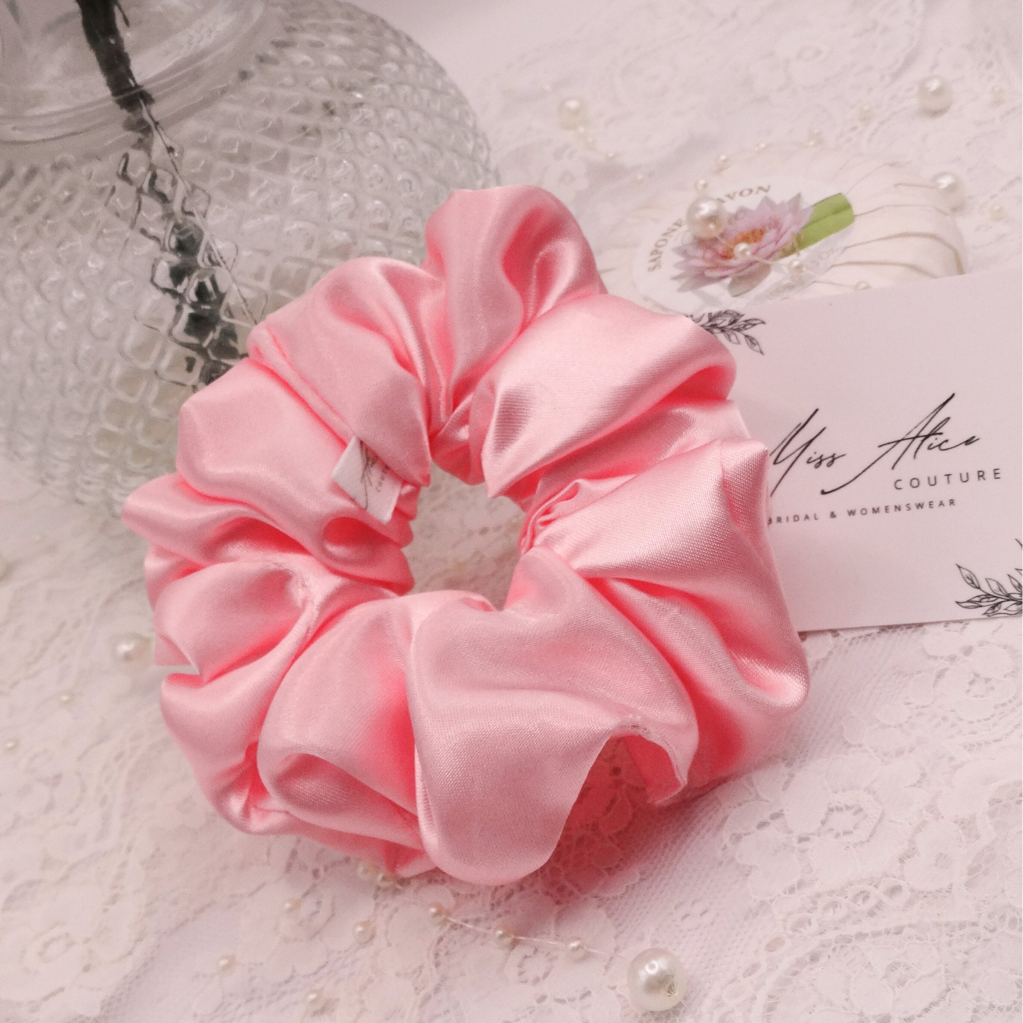 Blossom Mini Scrunchie | Soft Pink Satin | Hair Accessory