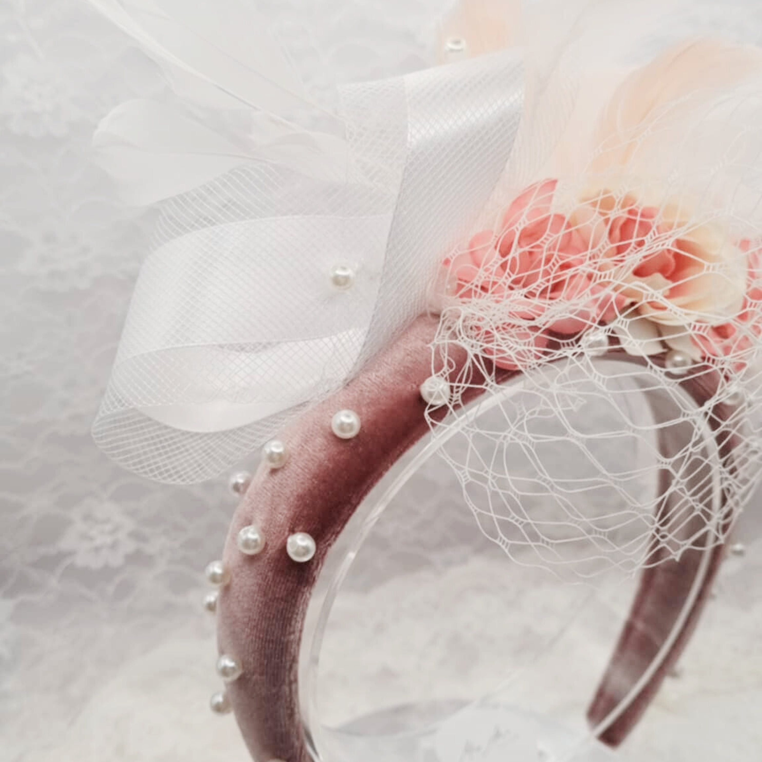 Pink Pearl Feather Headband | Handmade Pearl & Crystal Hairpiece | Romantic Occasion | Soft Feminine Style | Ladies Day | Vintage Style