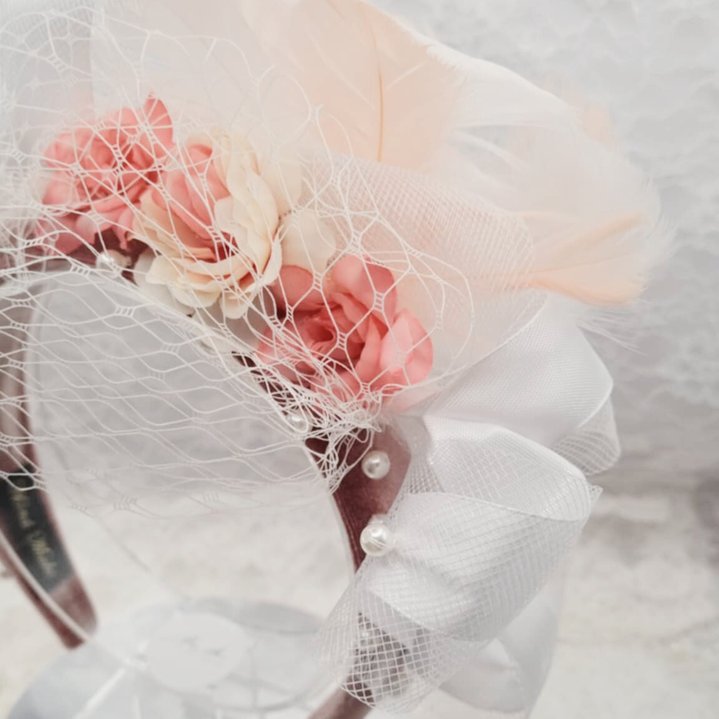 Pink Pearl Feather Headband | Handmade Pearl & Crystal Hairpiece | Romantic Occasion | Soft Feminine Style | Ladies Day | Vintage Style