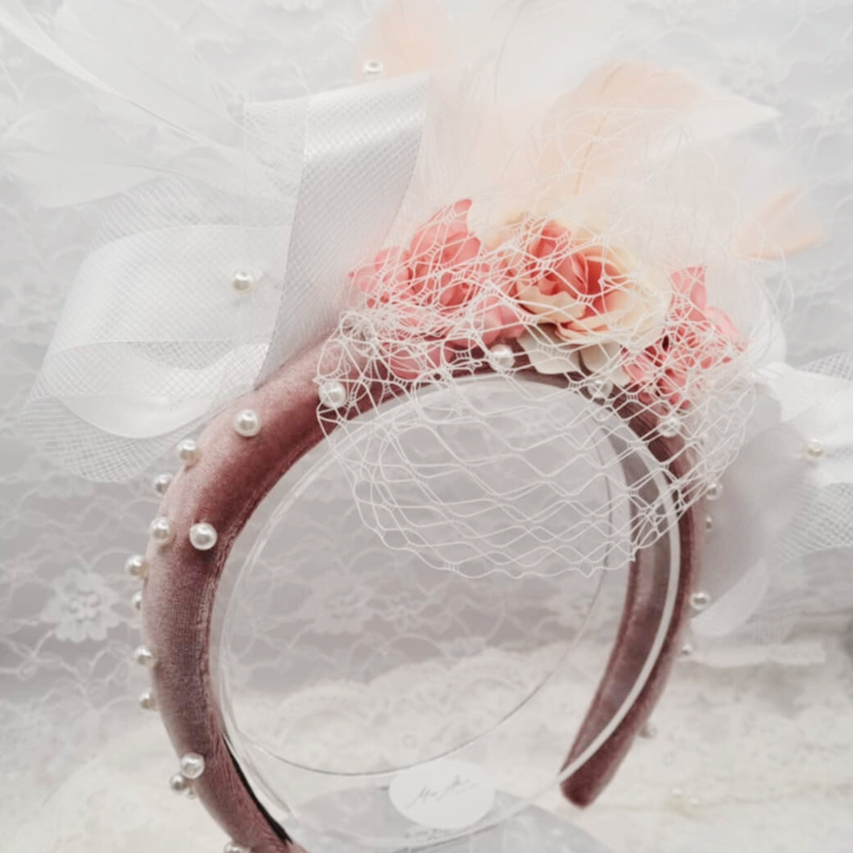 Pink Pearl Feather Headband | Handmade Pearl & Crystal Hairpiece | Romantic Occasion | Soft Feminine Style | Ladies Day | Vintage Style