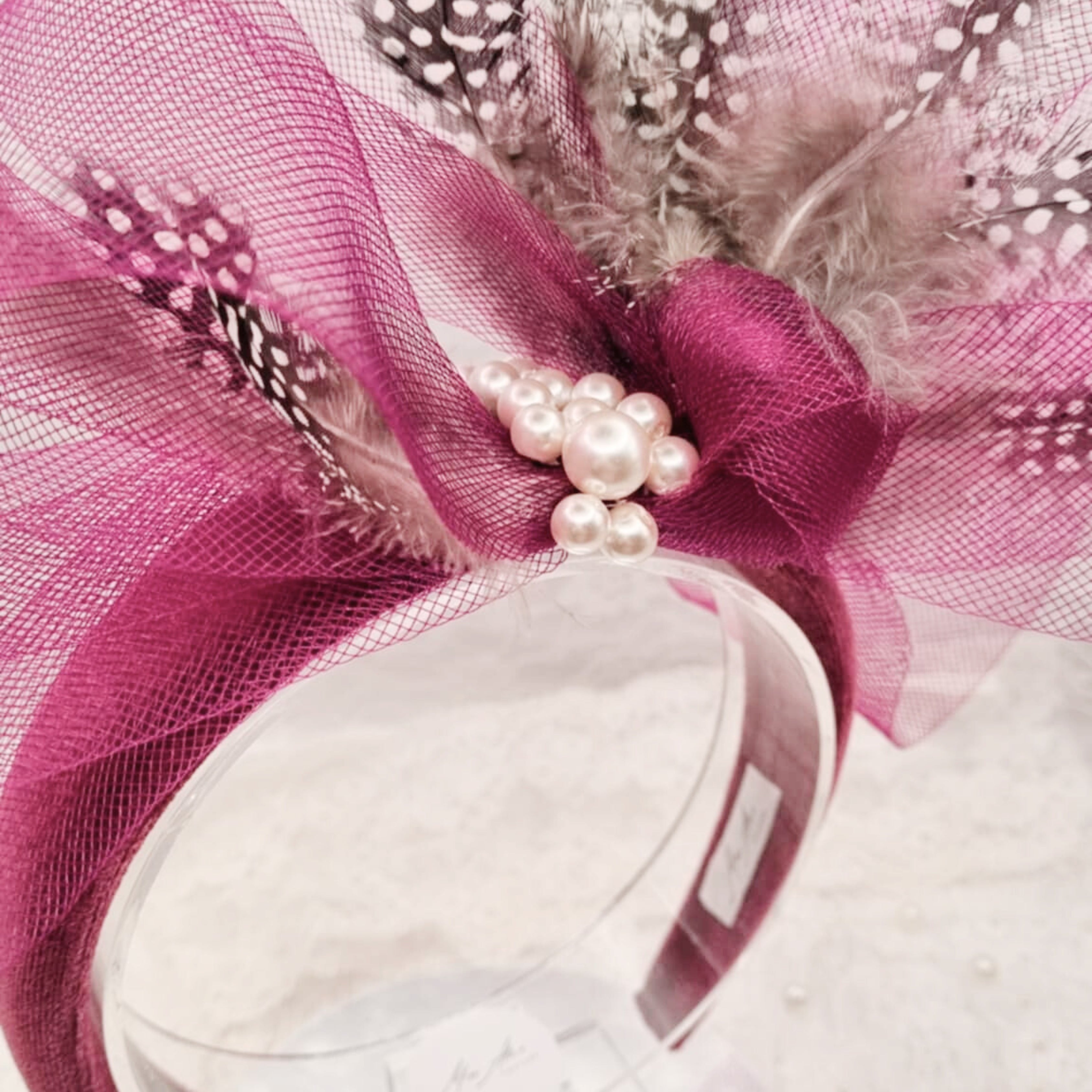 Plum Pink Pearl Headband with Feathers | Handmade Luxury Hair Accessory | Polka Dot & Abstract Detail | Occasion Piece