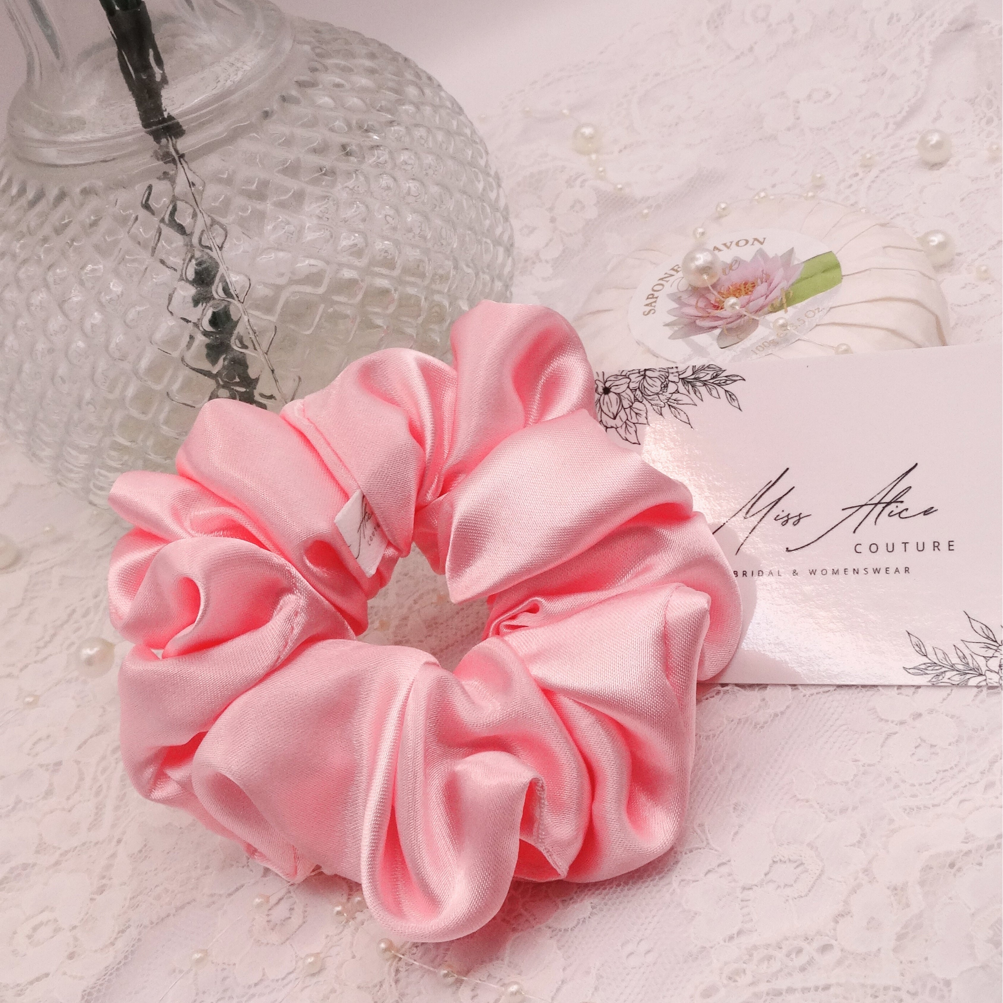 Blossom Mini Scrunchie | Soft Pink Satin | Hair Accessory