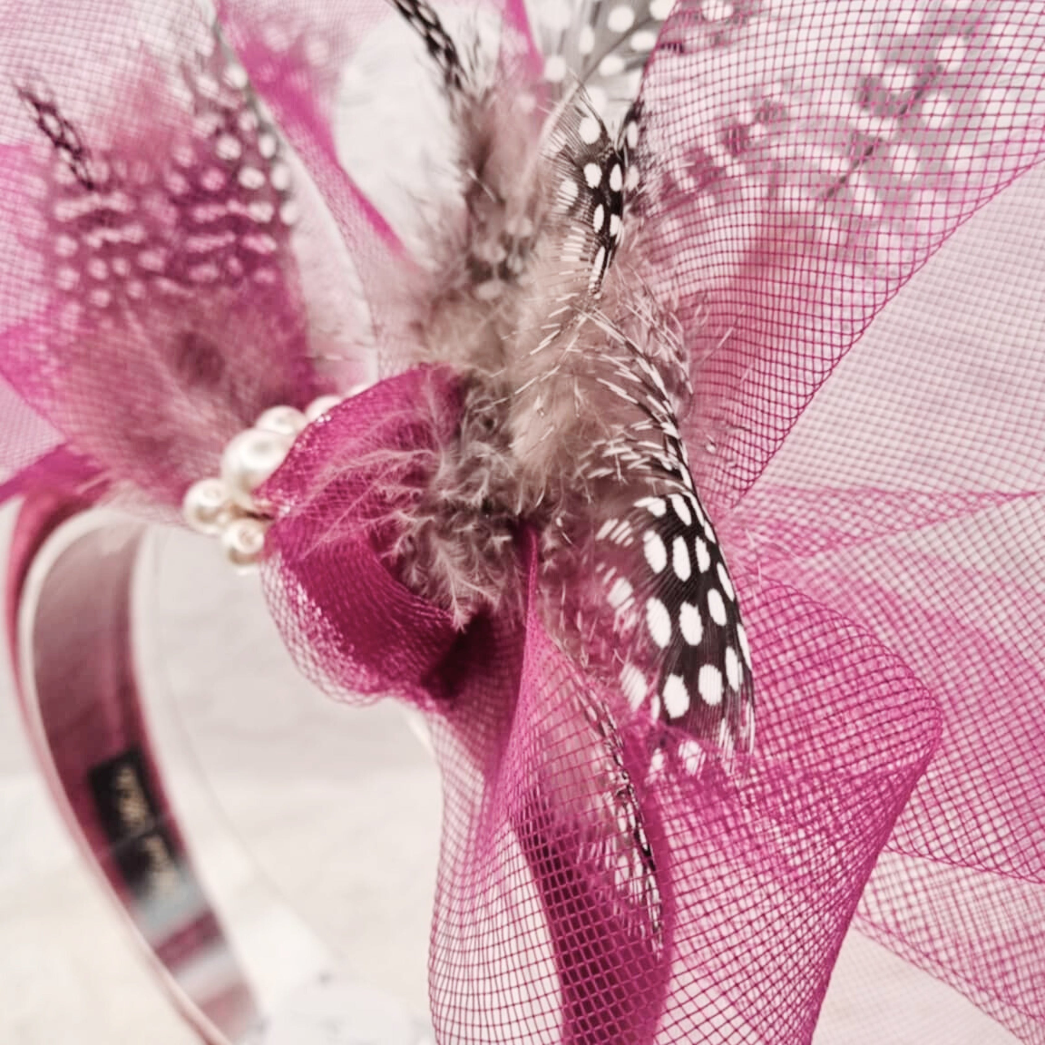 Plum Pink Pearl Headband with Feathers | Handmade Luxury Hair Accessory | Polka Dot & Abstract Detail | Occasion Piece