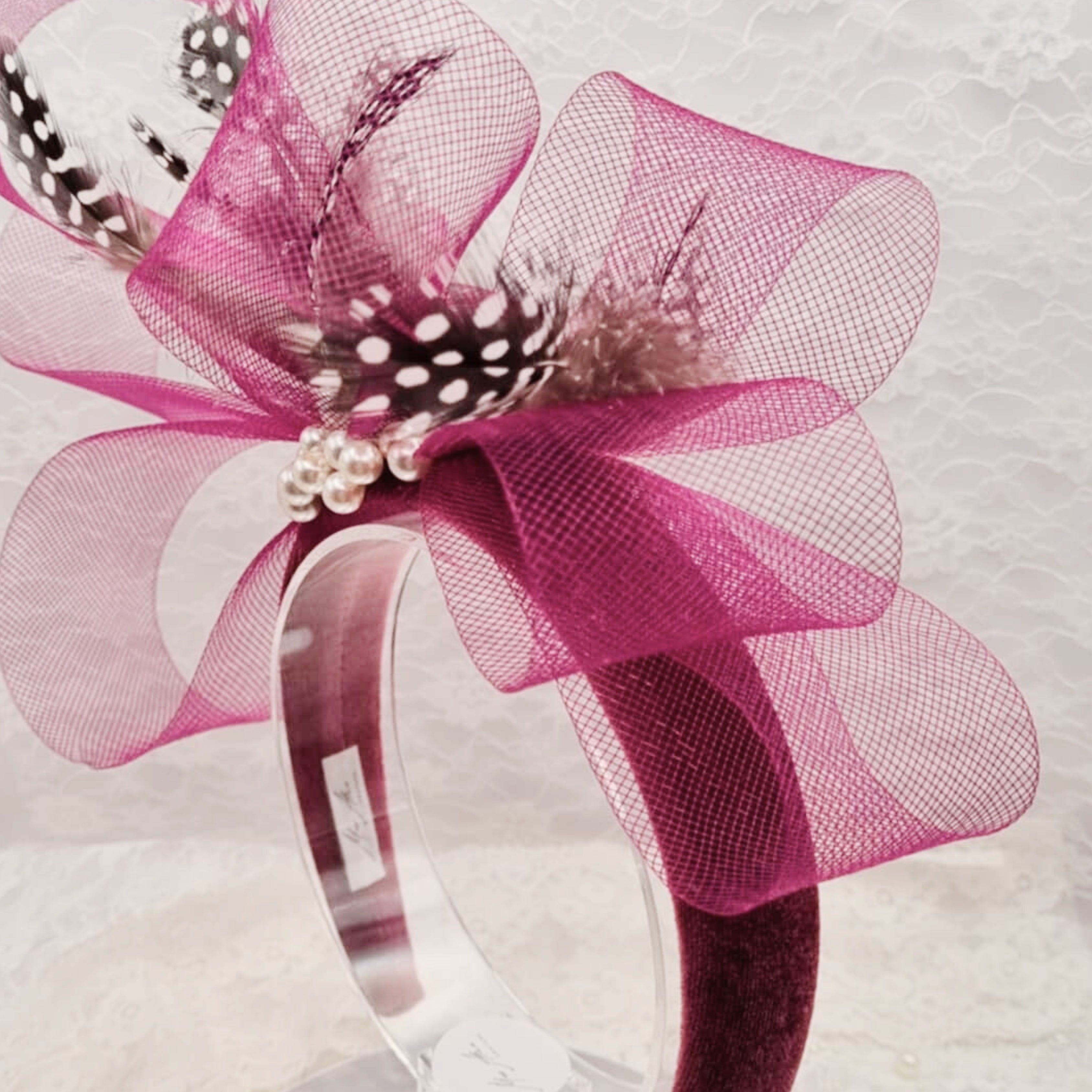 Plum Pink Pearl Headband with Feathers | Handmade Luxury Hair Accessory | Polka Dot & Abstract Detail | Occasion Piece