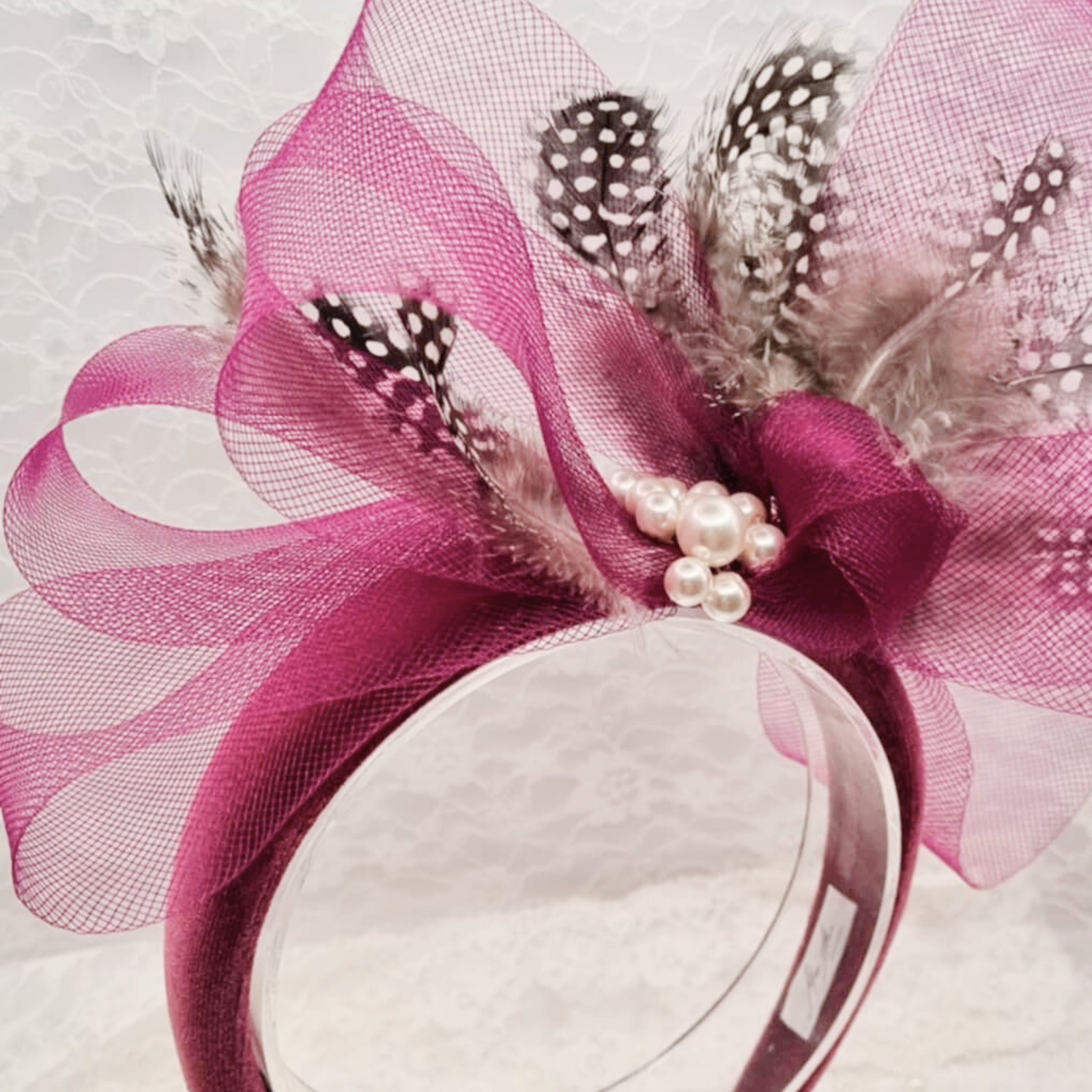 Plum Pink Pearl Headband with Feathers | Handmade Luxury Hair Accessory | Polka Dot & Abstract Detail | Occasion Piece