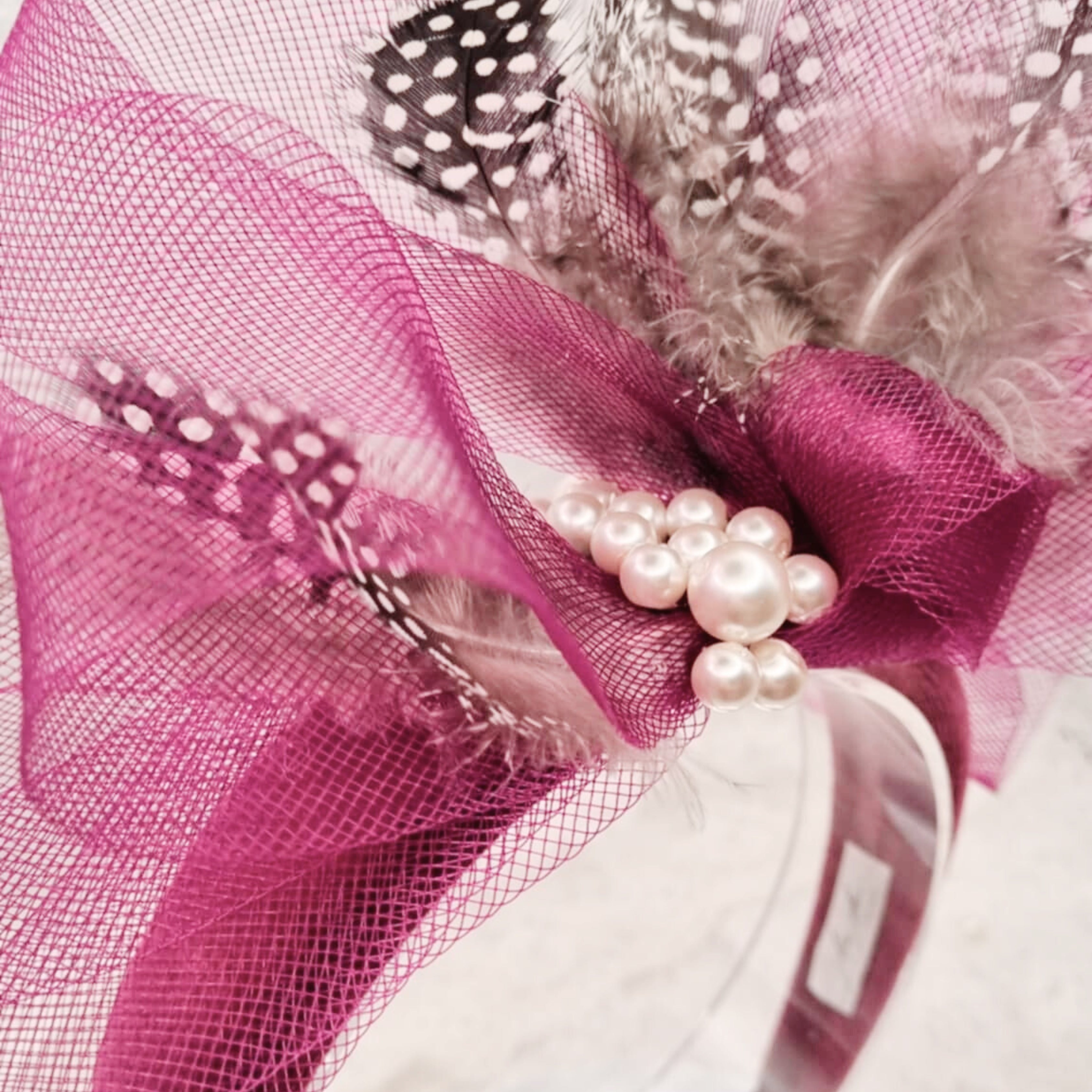 Plum Pink Pearl Headband with Feathers | Handmade Luxury Hair Accessory | Polka Dot & Abstract Detail | Occasion Piece