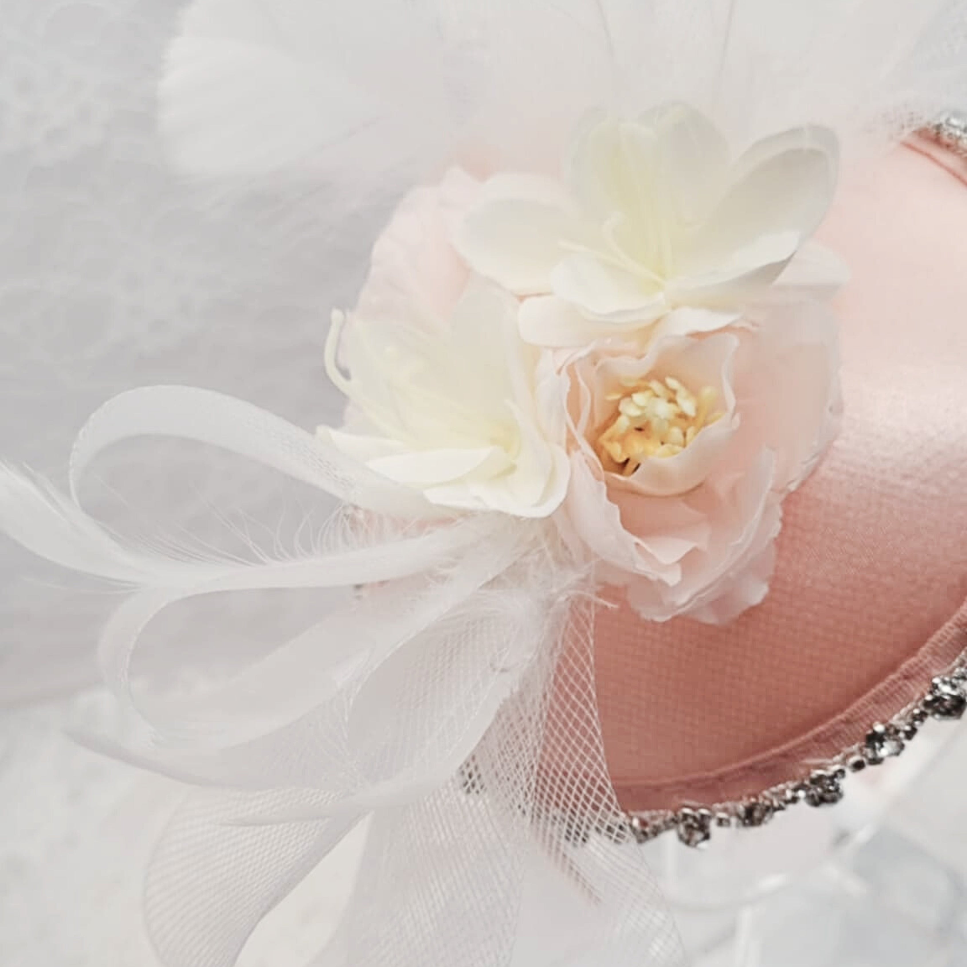 Light Pink Satin Fascinator Headband | Handmade Floral Hair Accessory | Diamond Trim Detail | Bridal & Occasion Statement Style