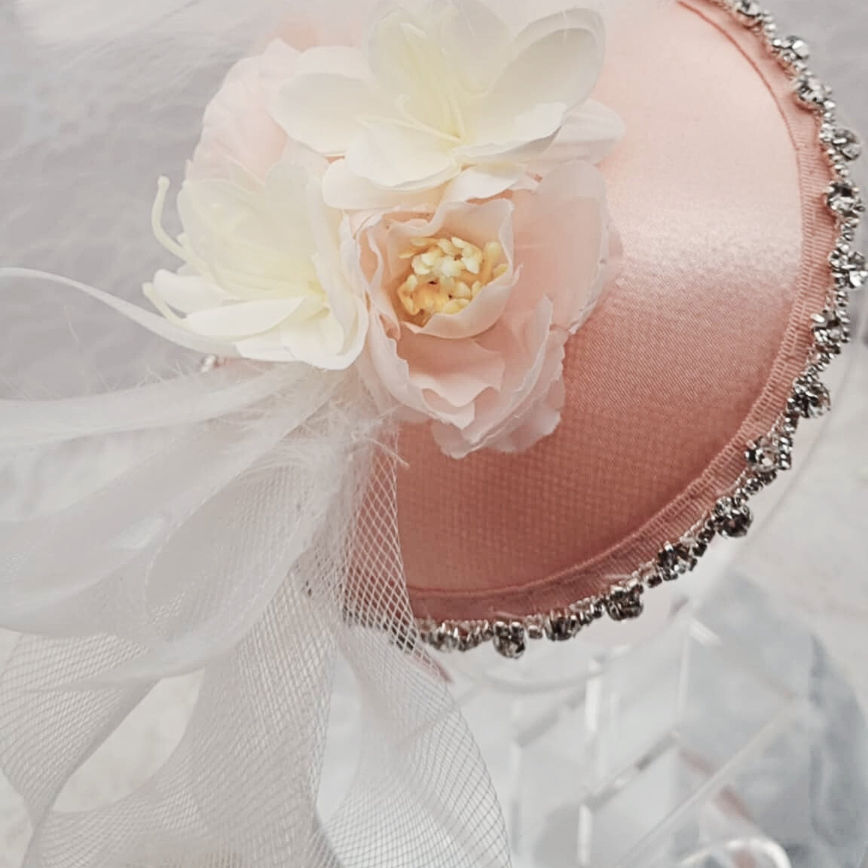 Light Pink Satin Fascinator Headband | Handmade Floral Hair Accessory | Diamond Trim Detail | Bridal & Occasion Statement Style