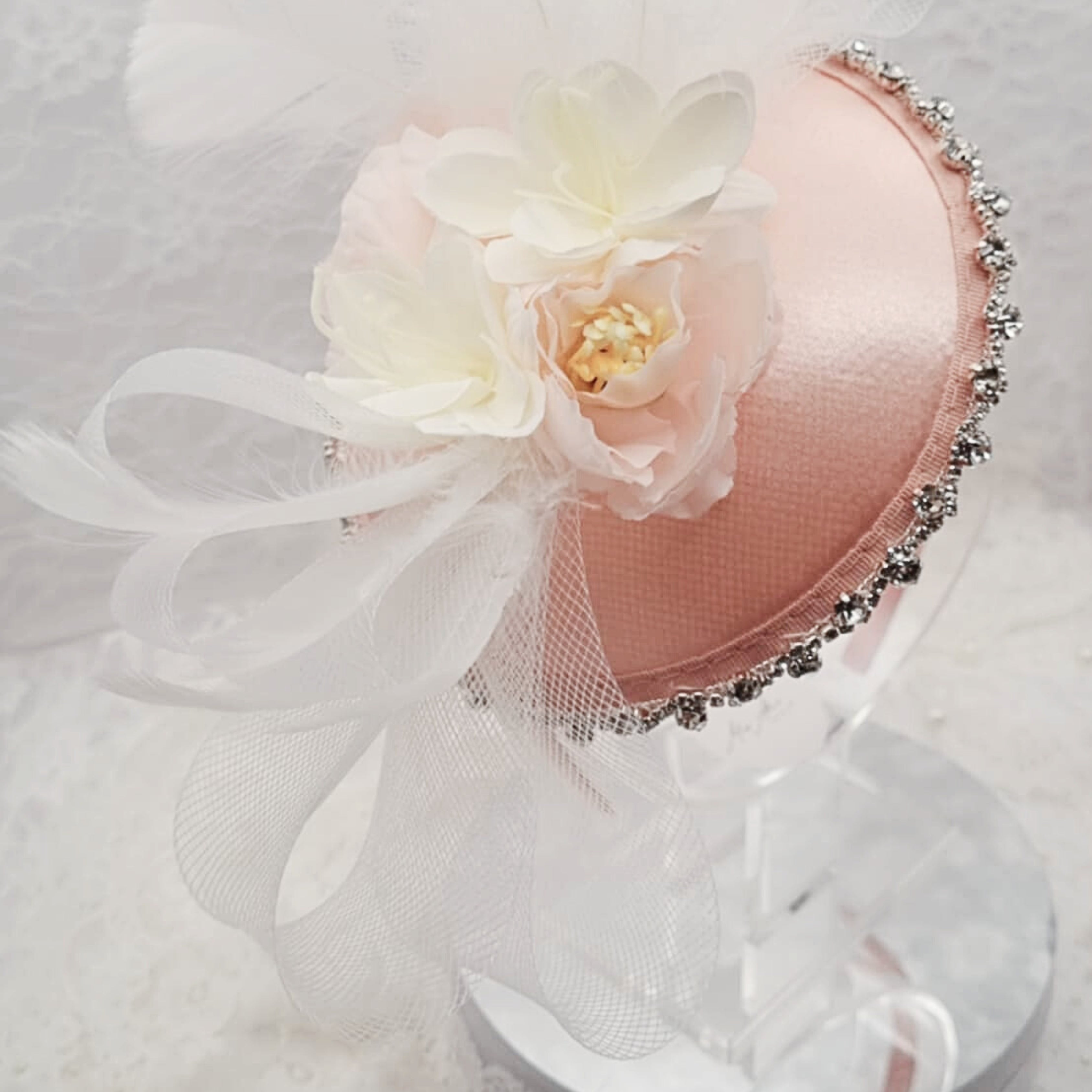 Light Pink Satin Fascinator Headband | Handmade Floral Hair Accessory | Diamond Trim Detail | Bridal & Occasion Statement Style