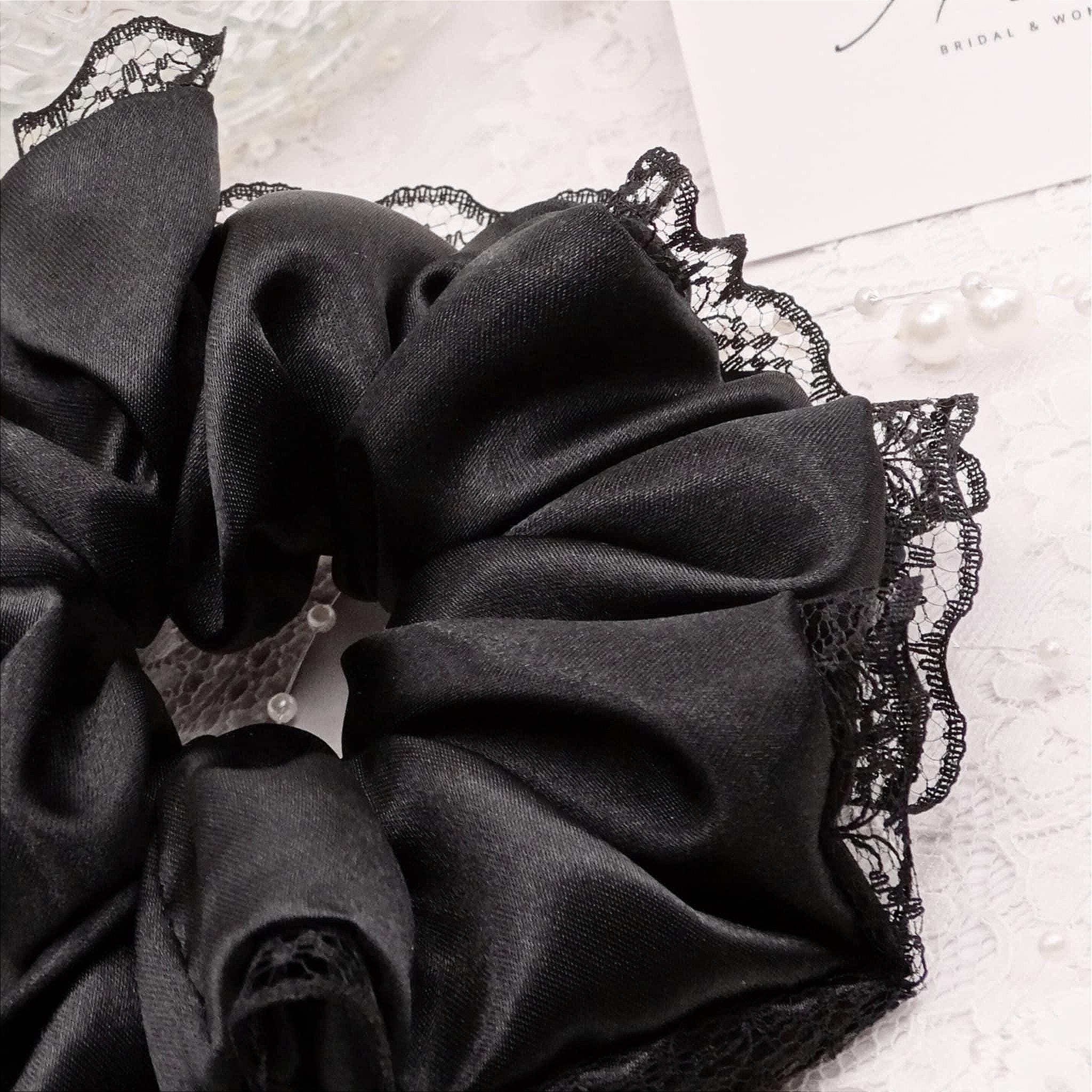 Zadie Satin Scrunchie | Delicate Black with Lace Trim