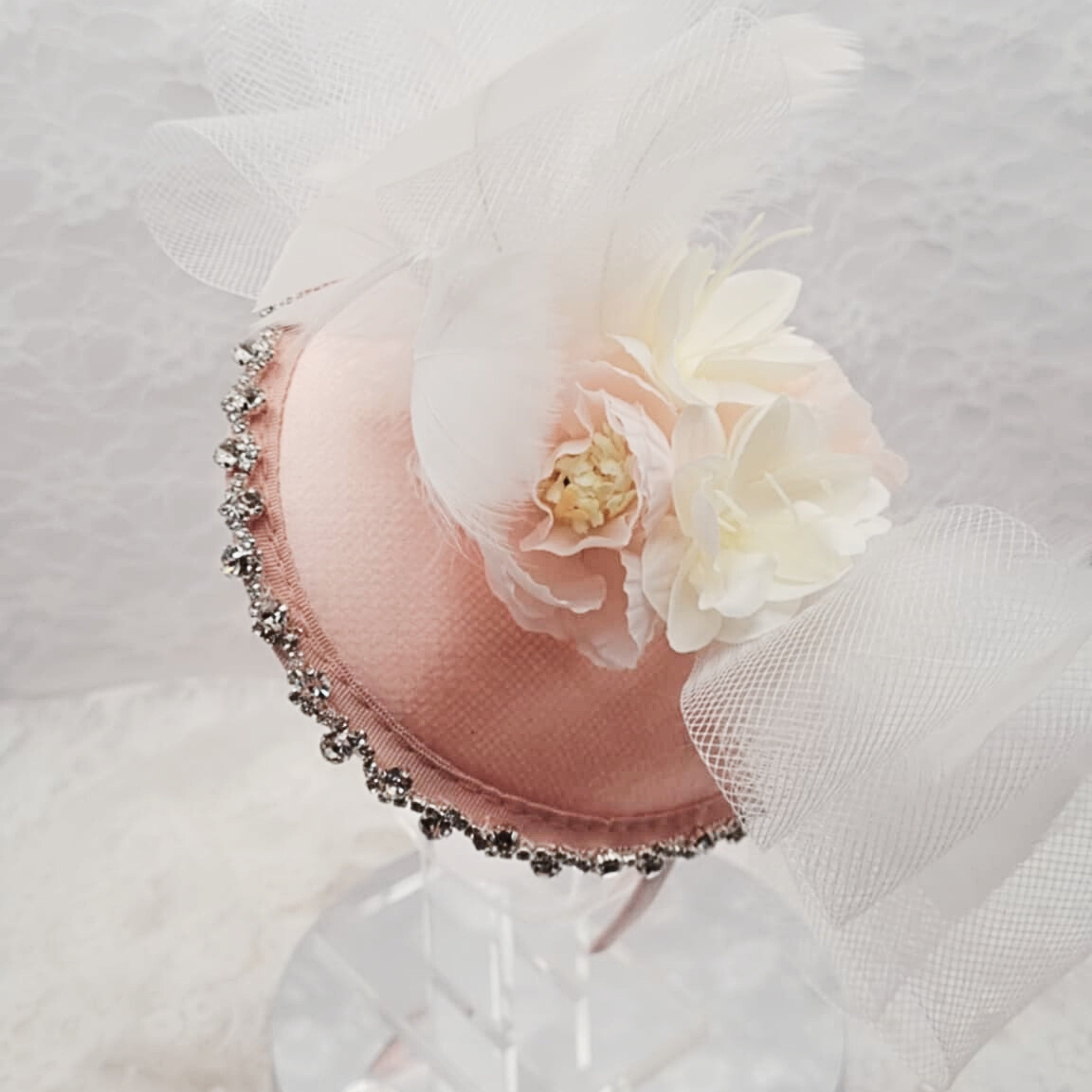 Light Pink Satin Fascinator Headband | Handmade Floral Hair Accessory | Diamond Trim Detail | Bridal & Occasion Statement Style