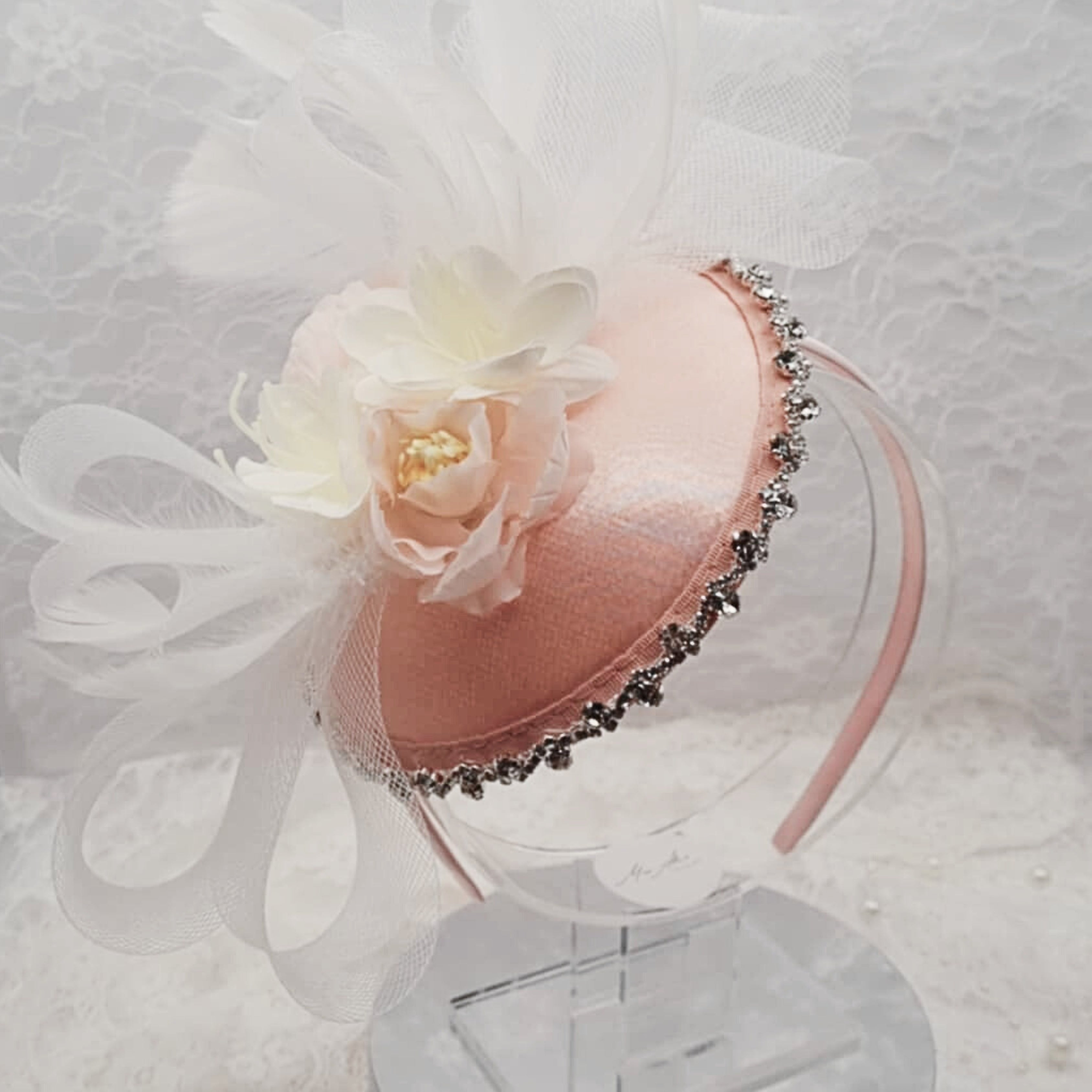 Light Pink Satin Fascinator Headband | Handmade Floral Hair Accessory | Diamond Trim Detail | Bridal & Occasion Statement Style