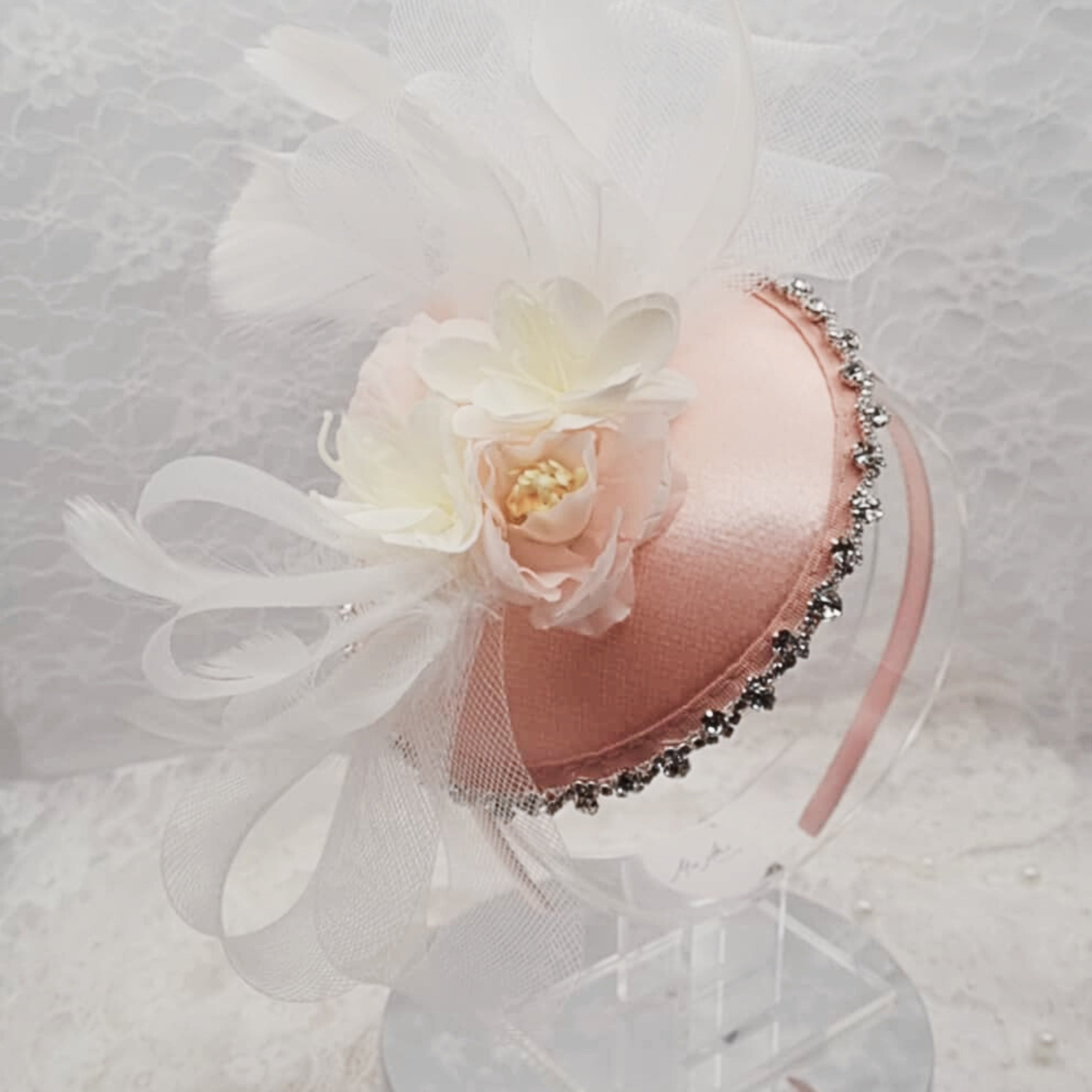 Light Pink Satin Fascinator Headband | Handmade Floral Hair Accessory | Diamond Trim Detail | Bridal & Occasion Statement Style