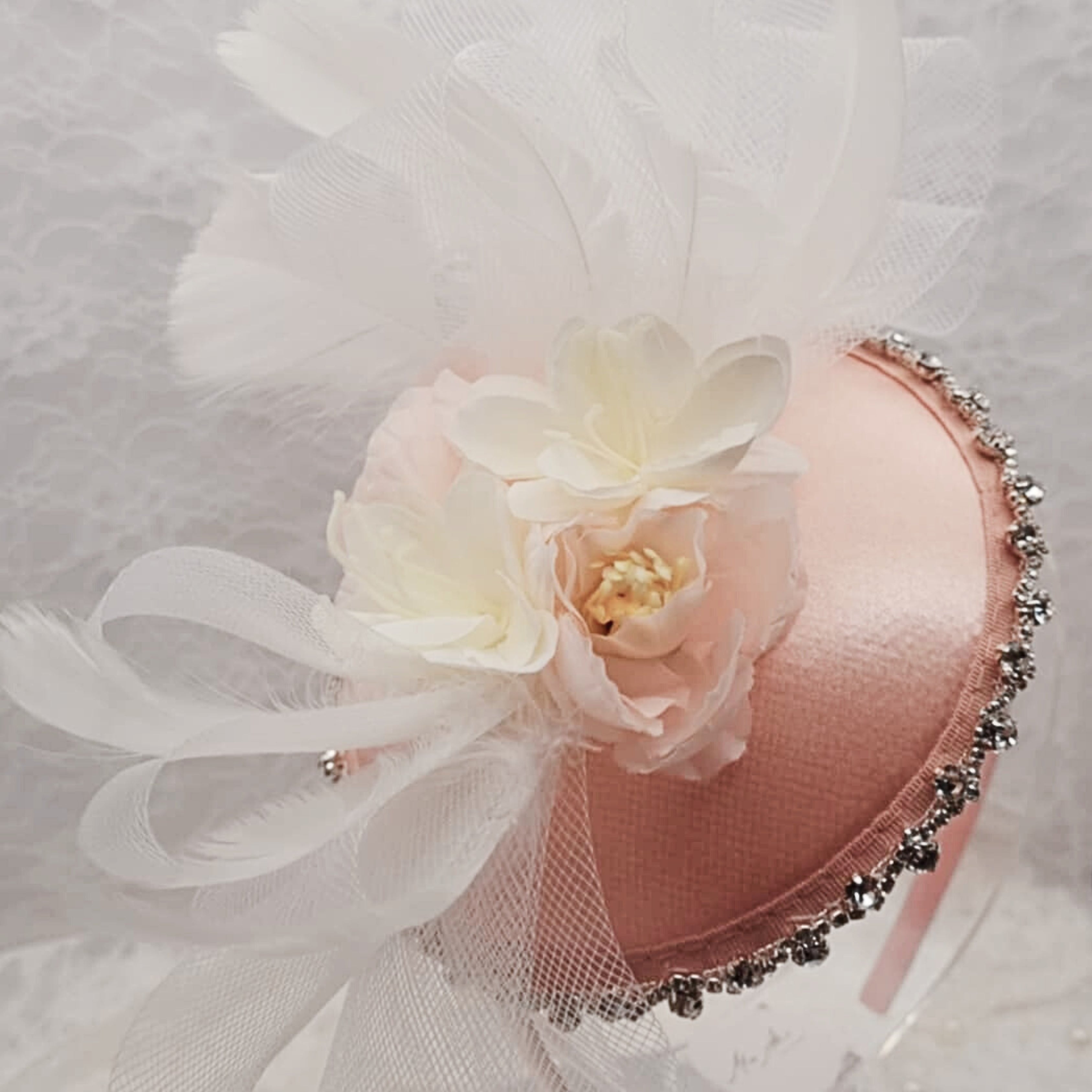 Light Pink Satin Fascinator Headband | Handmade Floral Hair Accessory | Diamond Trim Detail | Bridal & Occasion Statement Style
