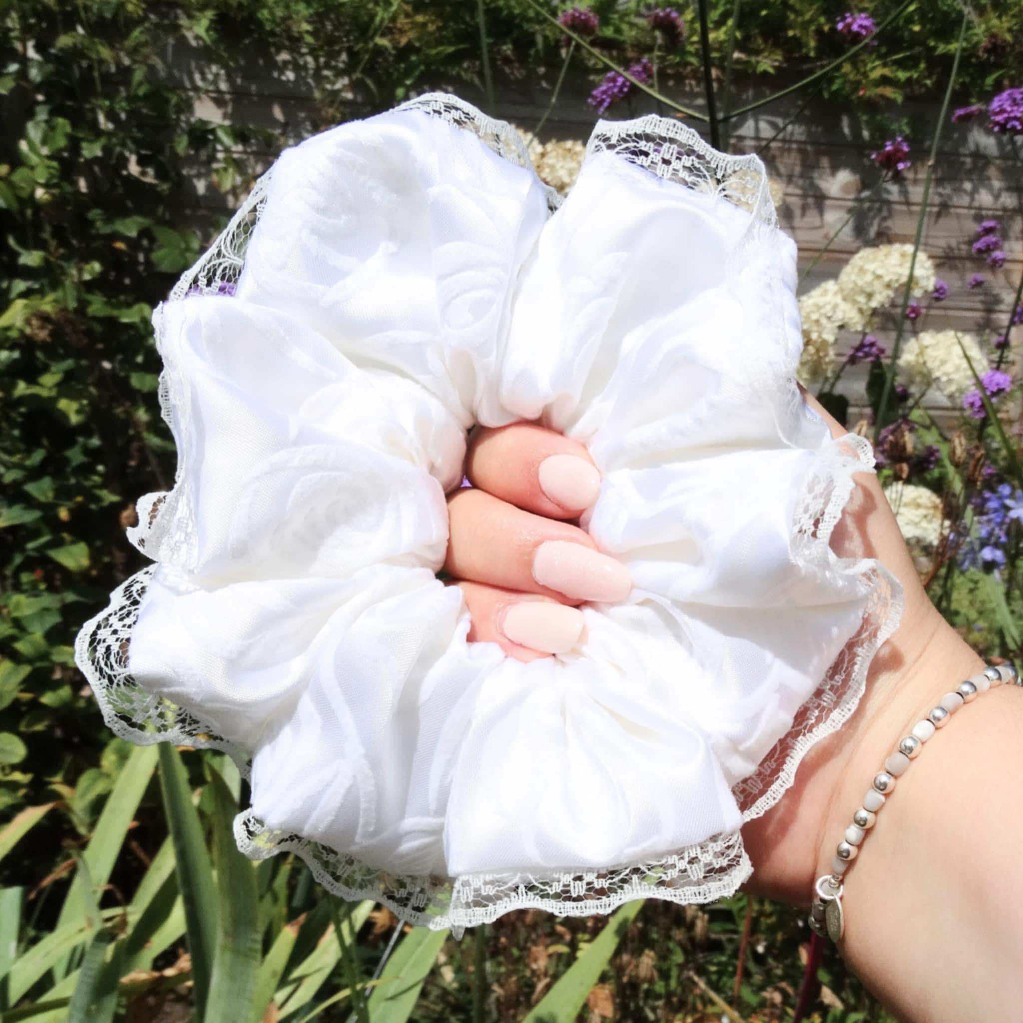 Dahlia Soft White Ivory Scrunchie | Detailed flowers with Lace Trim