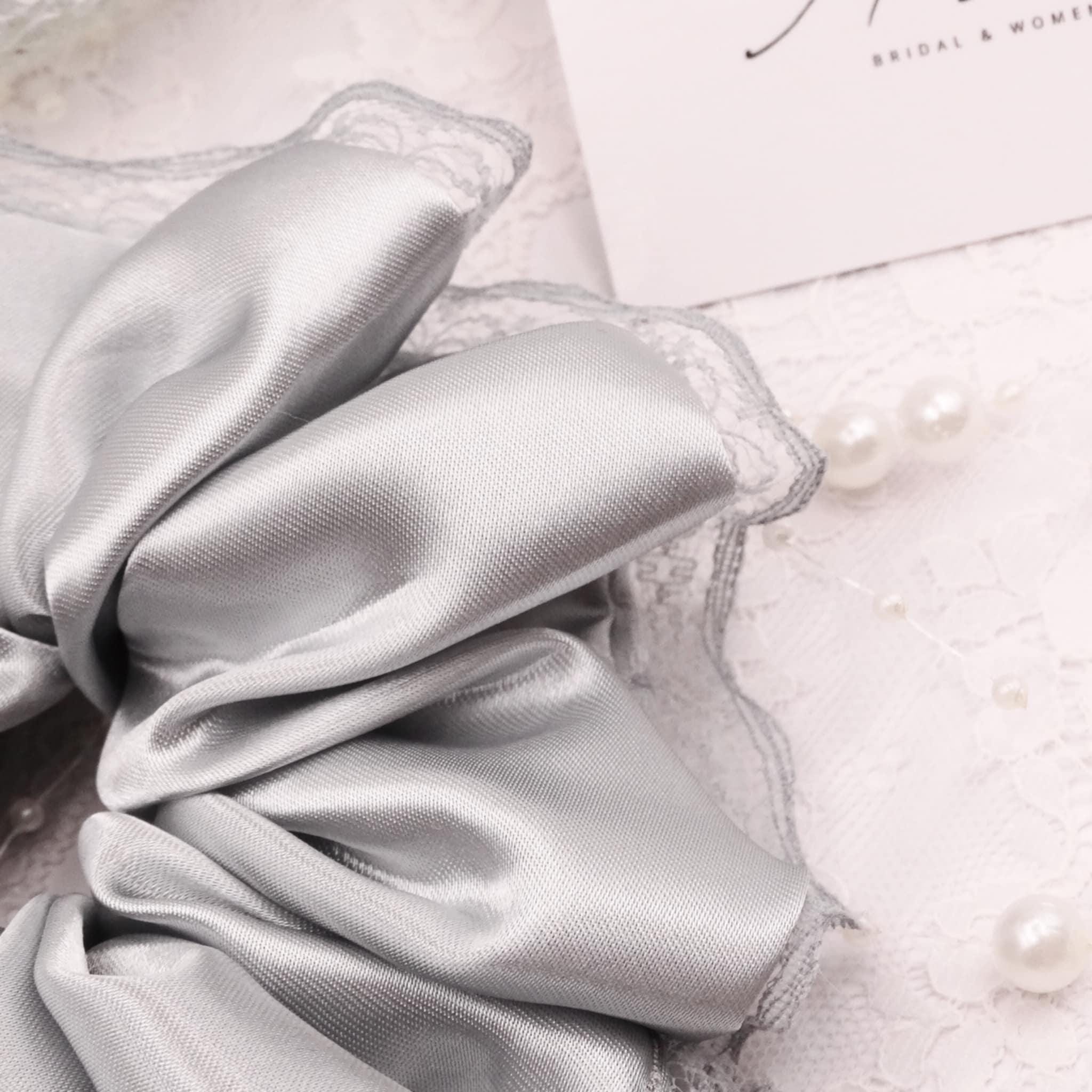 Willow Satin Scrunchie | Delicate Teal Blue Grey with Lace Trim
