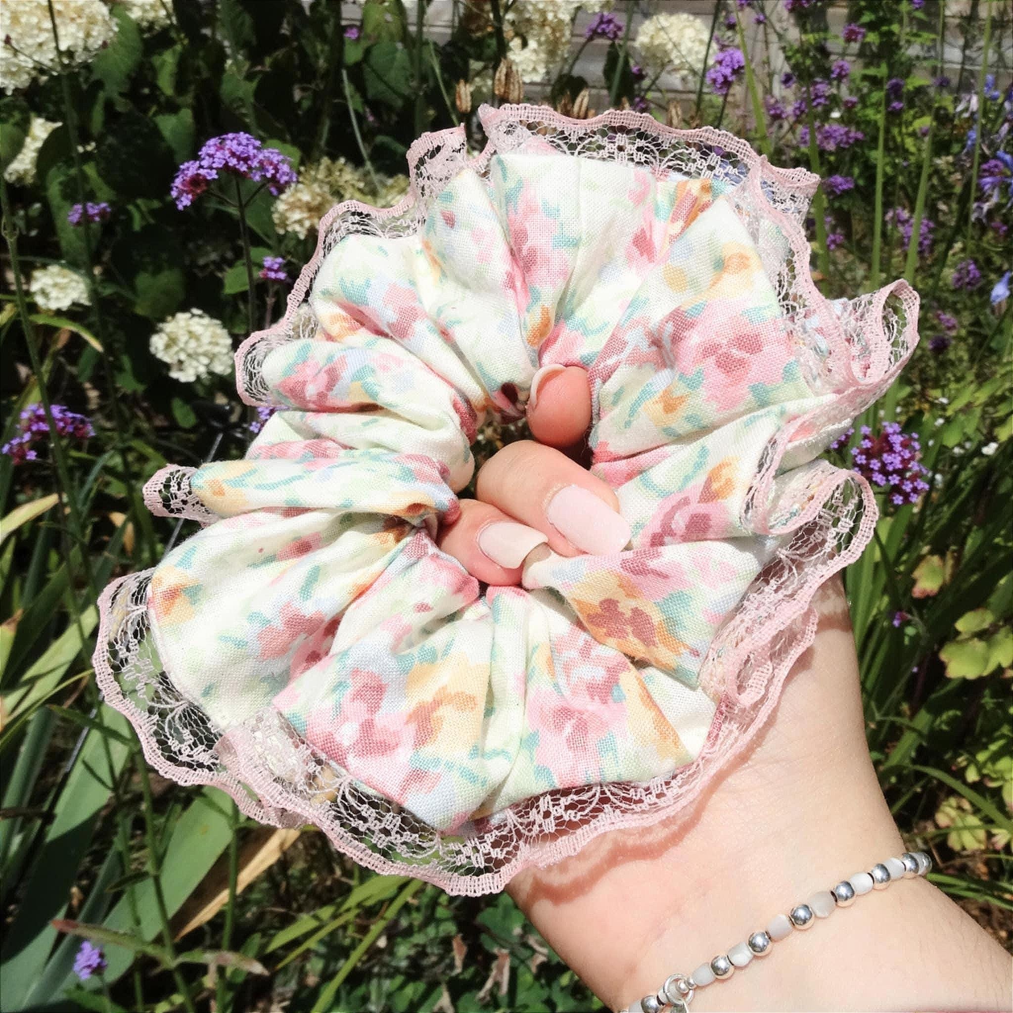 Lydia Cotton Floral Scrunchie | Soft Beige, Cream Pink & Pastel Accents with Lace