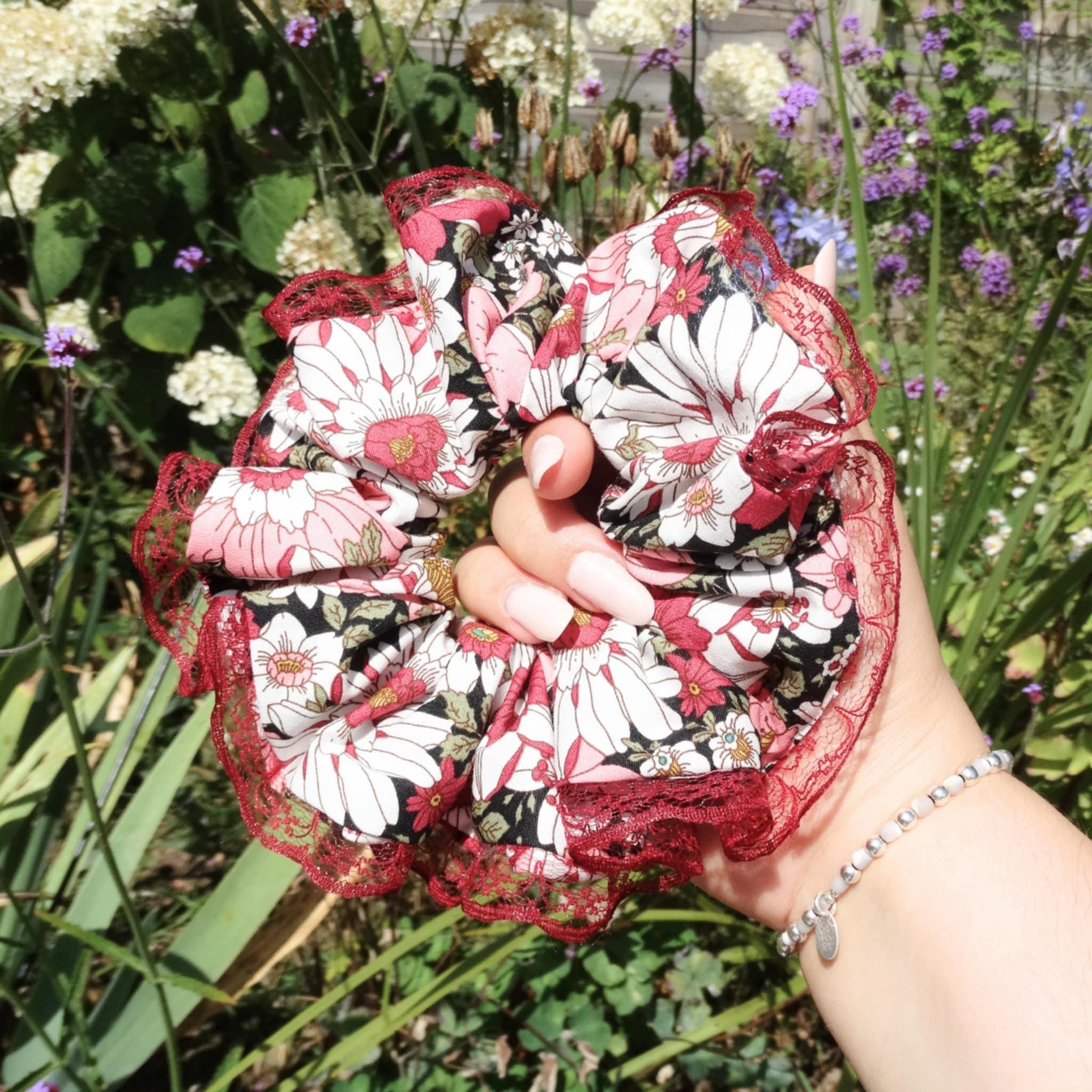 Gia Cotton Floral Scrunchie | Soft Dark Pink with Green & Black Accents, Lace Trim