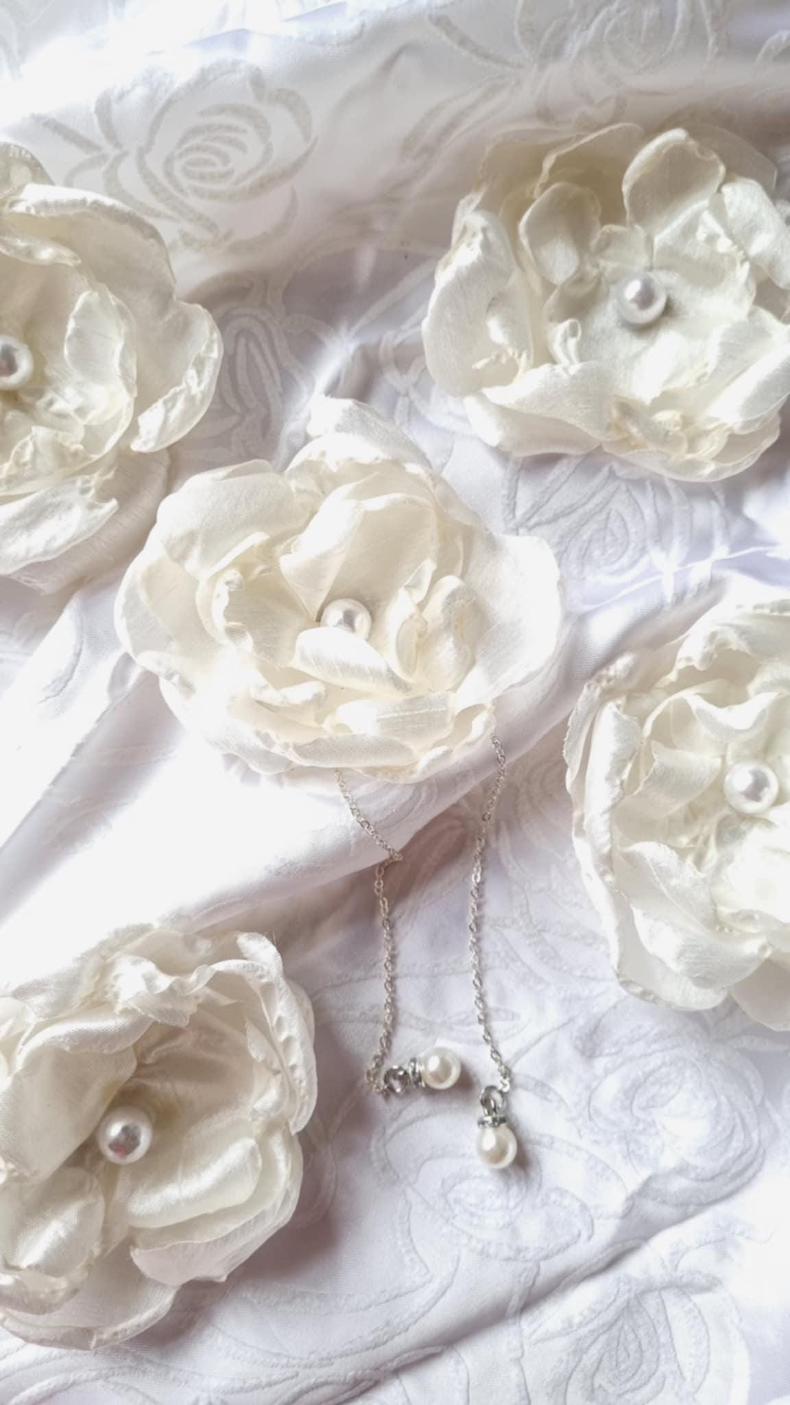 Primrose Silk Flower Hair Clip with Hanging Pearl Chain | Ivory Hair Accessory
