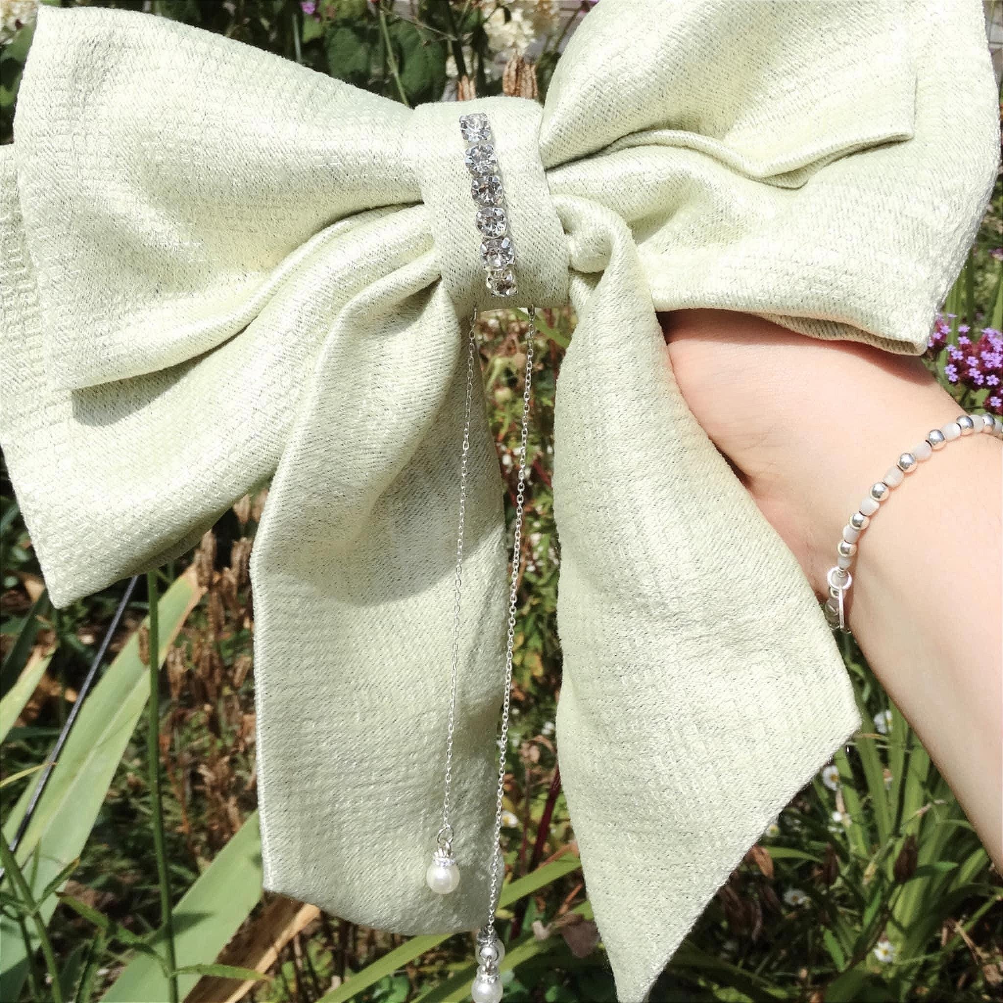 Faye Sage Green Hair Bow | Beaded Bow with Pearls & Diamanté