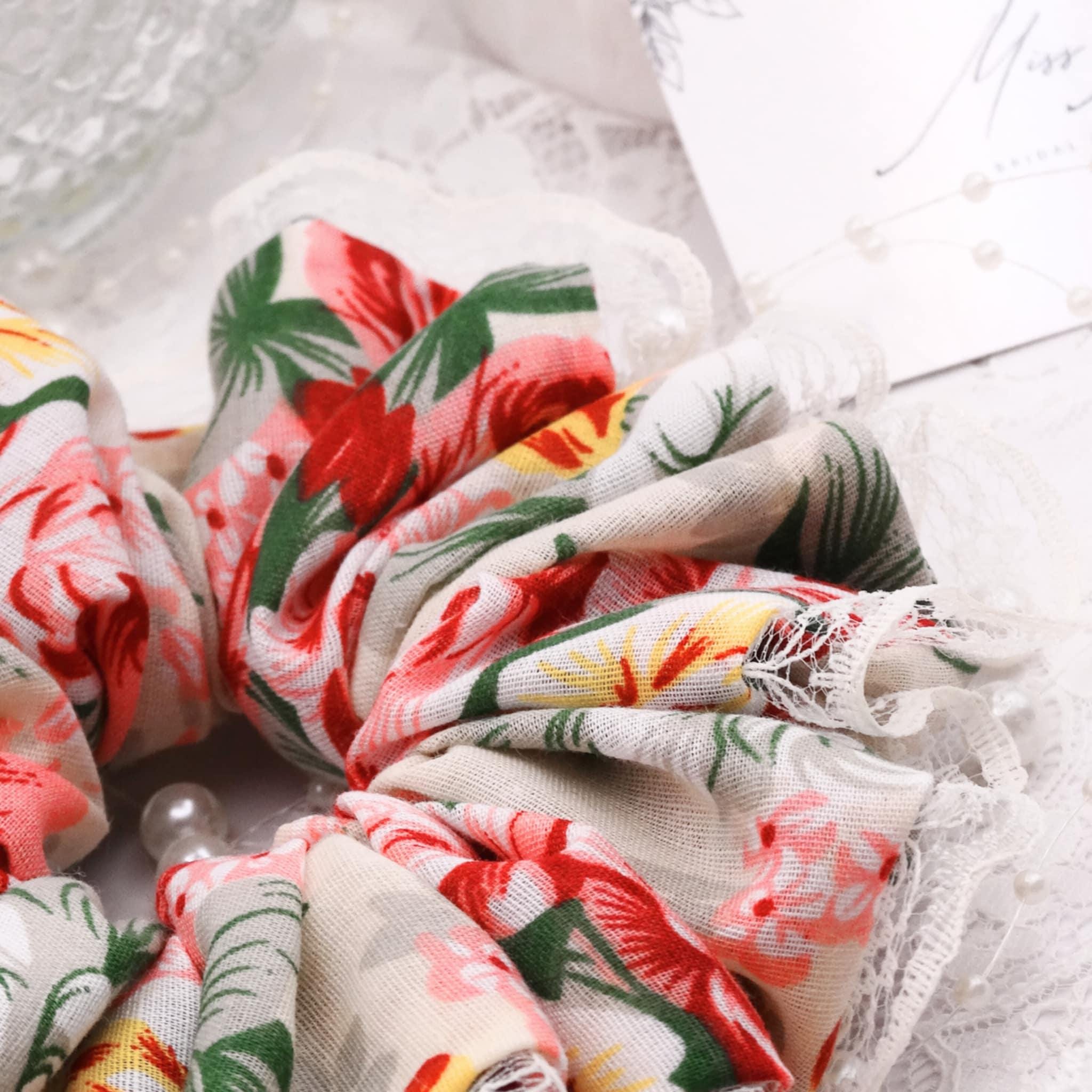 Flora Cotton Floral Scrunchie | Soft Light & Dark Pink with Sage and Dark Green Lace Trim