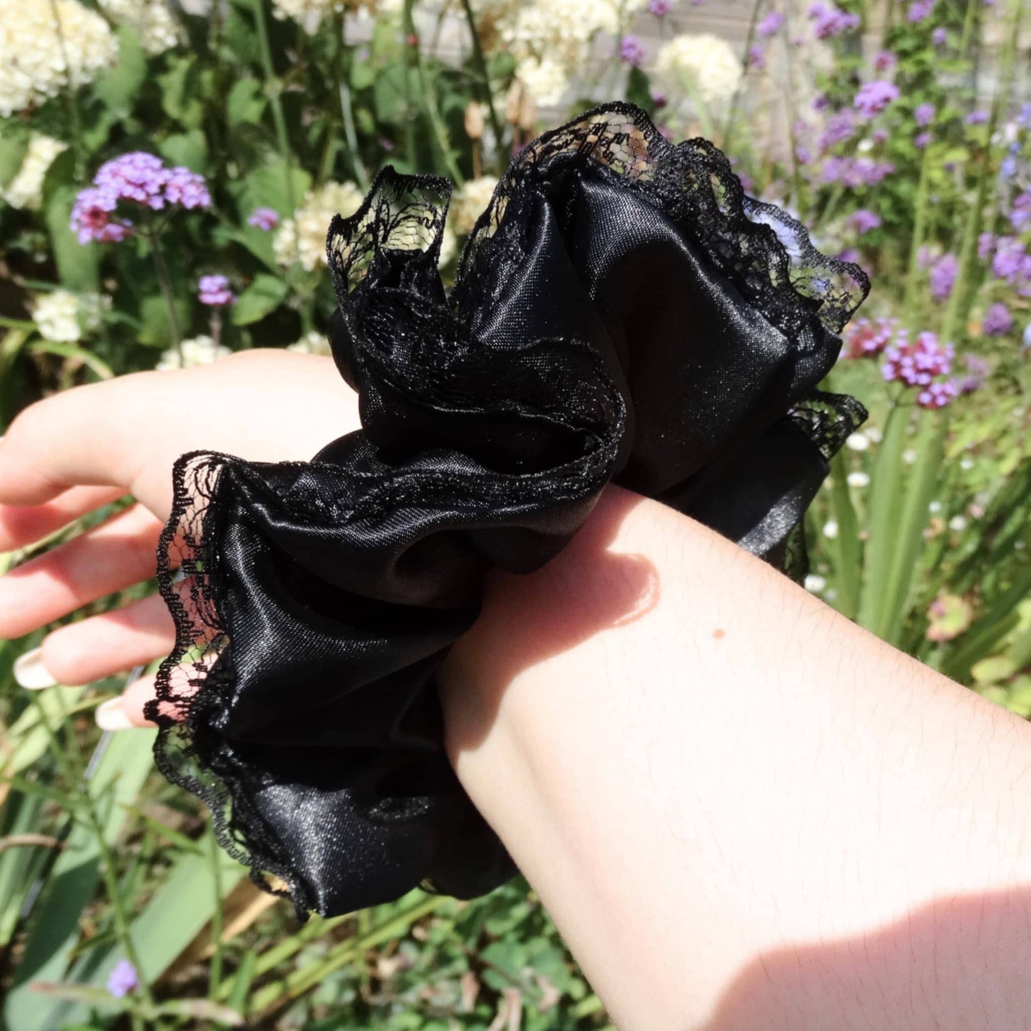 Zadie Satin Scrunchie | Delicate Black with Lace Trim