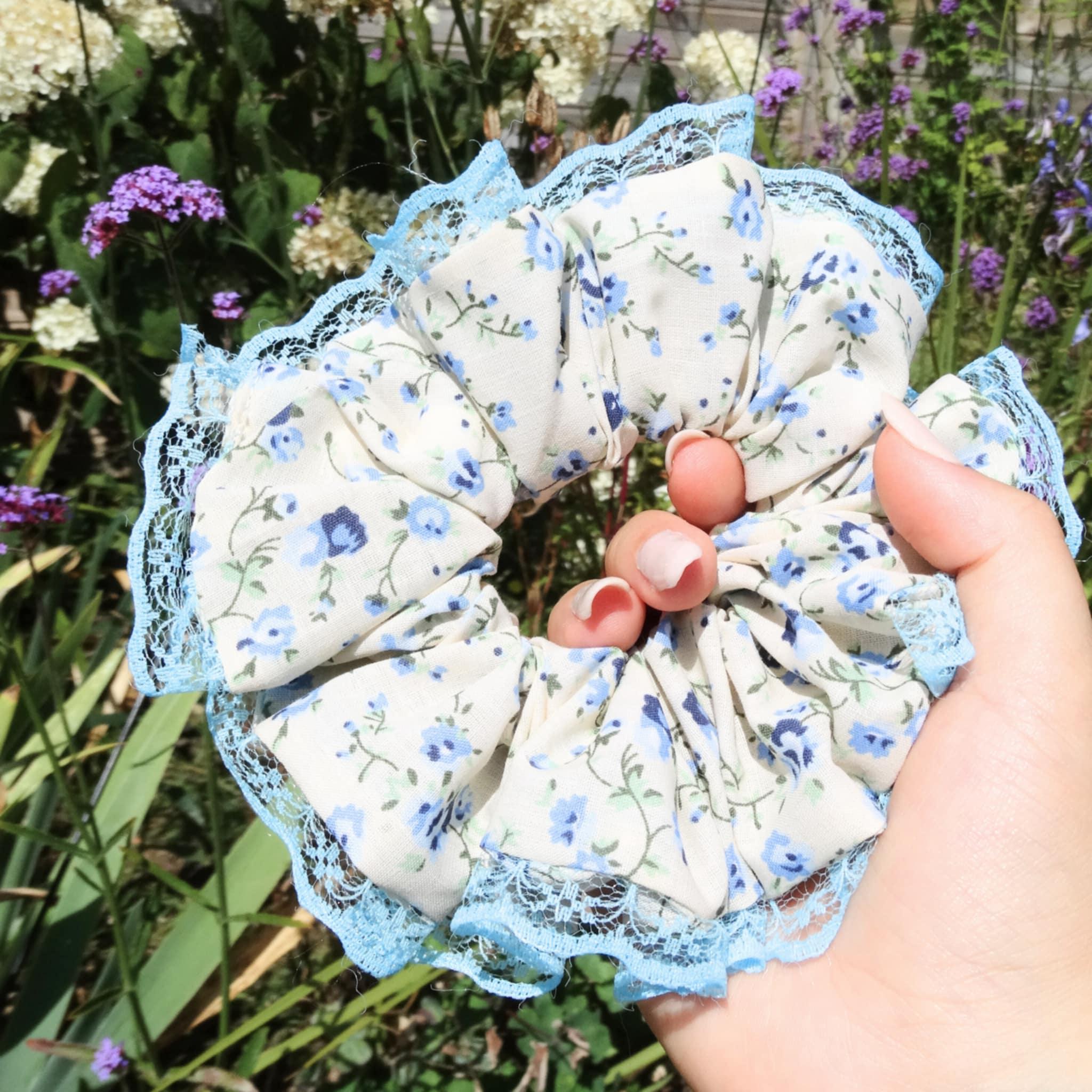 Annie Cotton Scrunchie | Cream with Blue Floral Print and Lace Trim