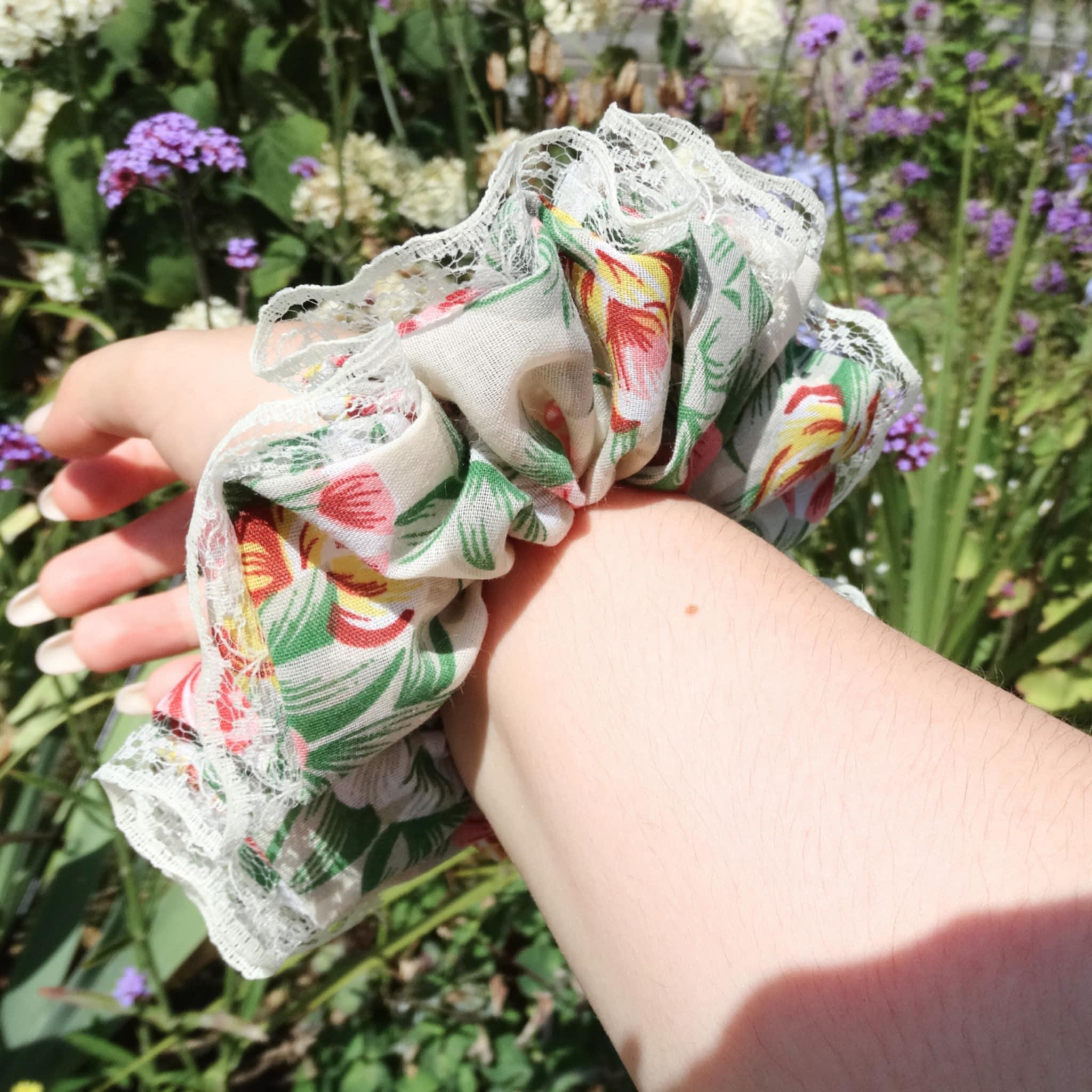 Flora Cotton Floral Scrunchie | Soft Light & Dark Pink with Sage and Dark Green Lace Trim