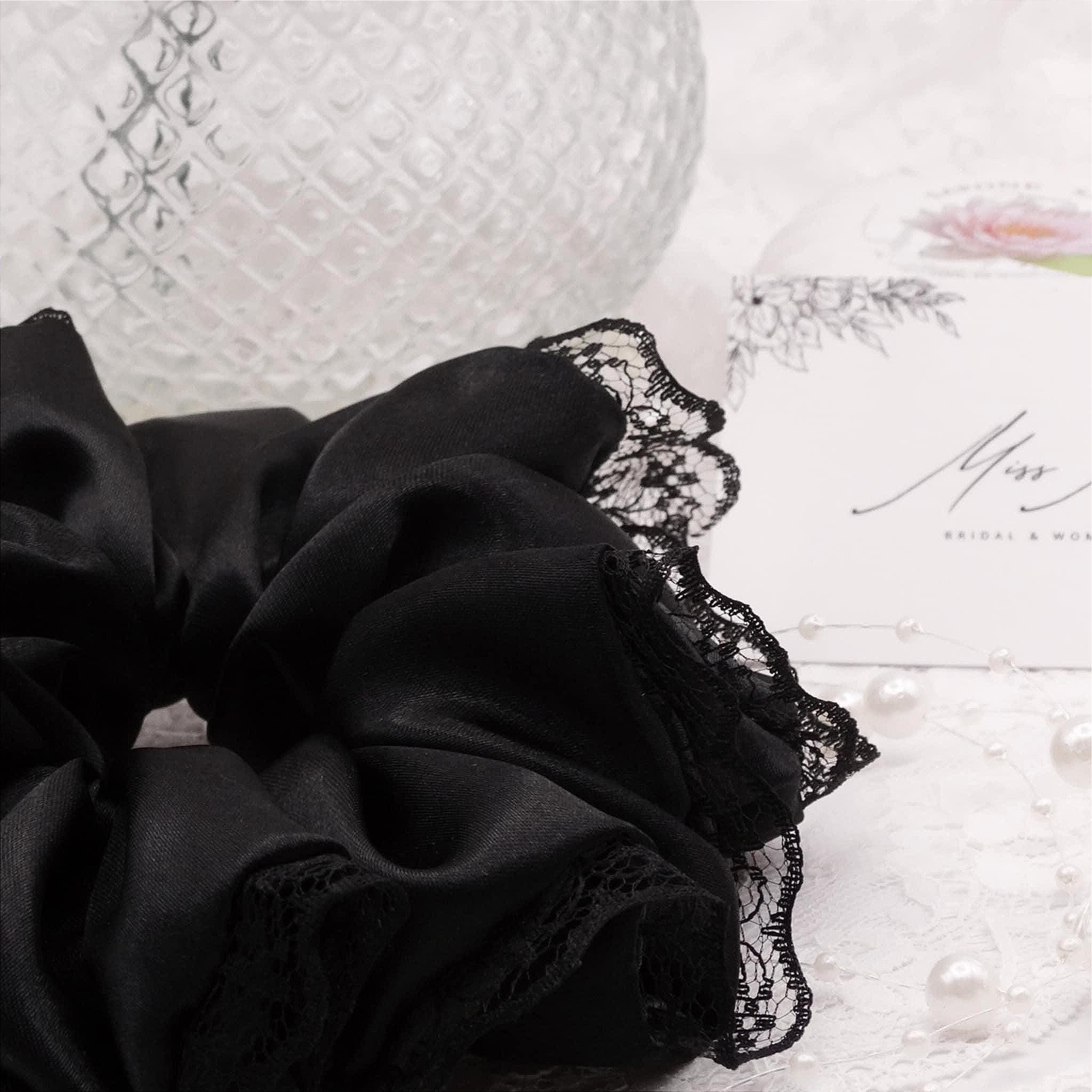 Zadie Satin Scrunchie | Delicate Black with Lace Trim