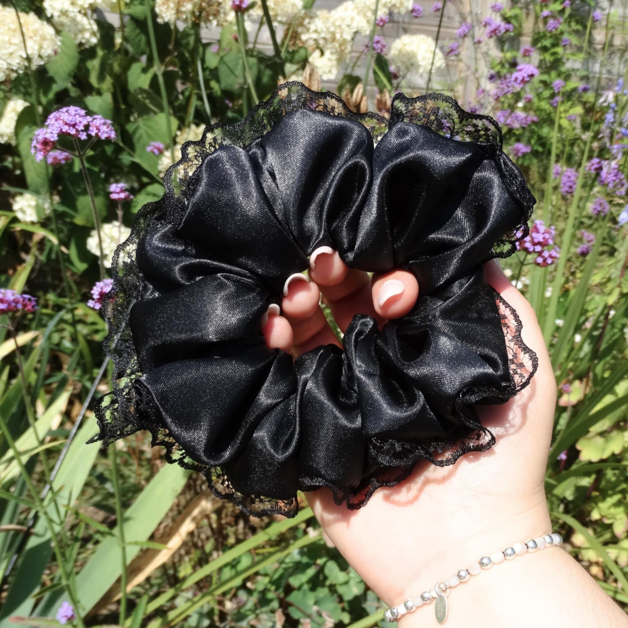 Zadie Satin Scrunchie | Delicate Black with Lace Trim